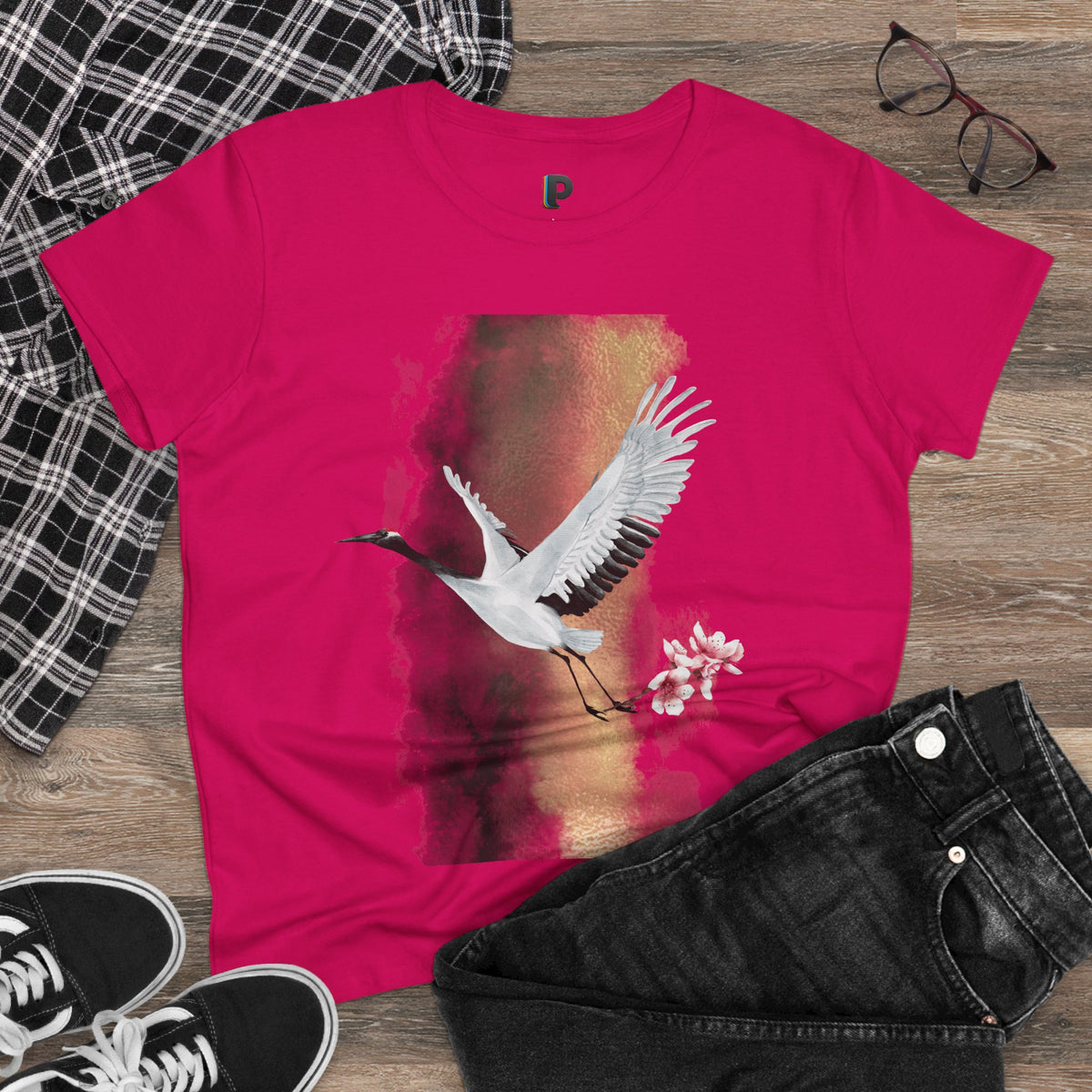 Red-Crowned Crane & Cherry Blossom Ink Wash Front Print Women’s Tee