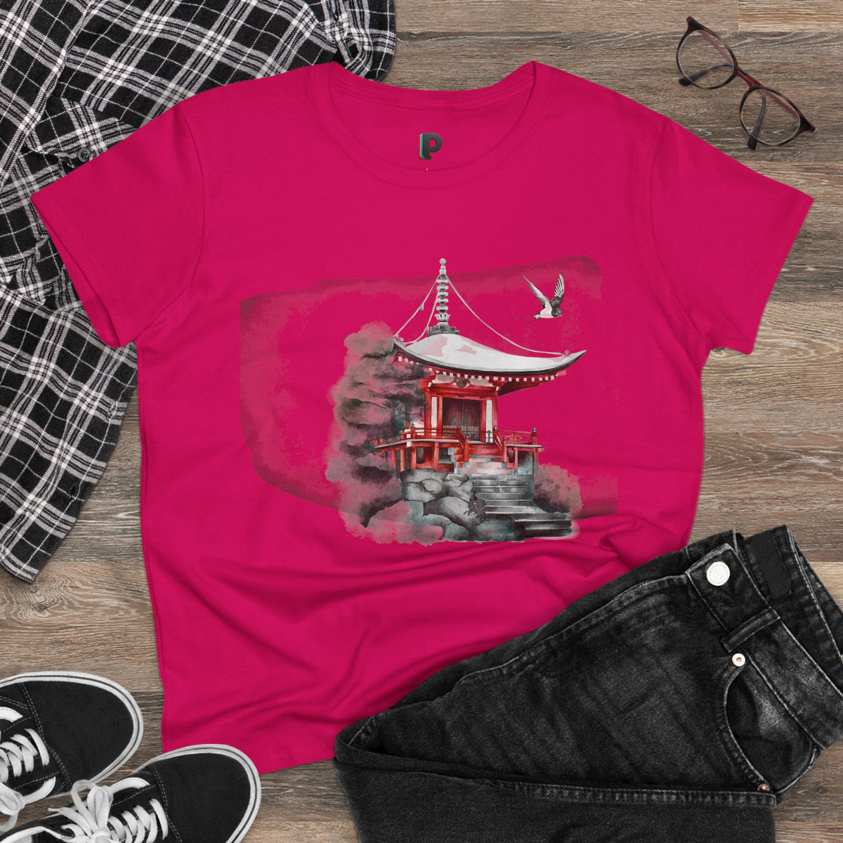 Watercolor Red Pagoda Front Print Women’s Tee