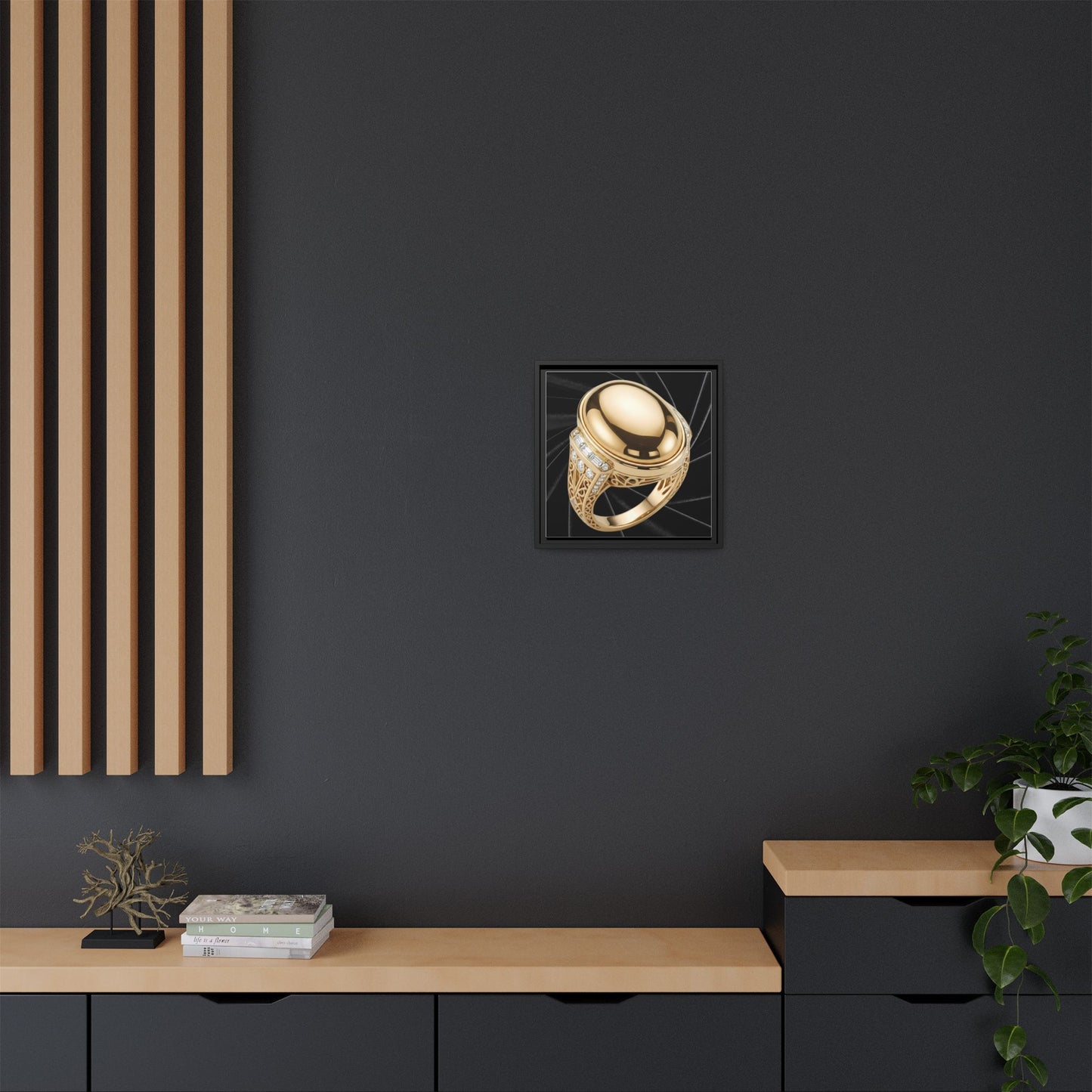 Mirror-Gold Cabochon Ring on Black Velvet Framed Canvas