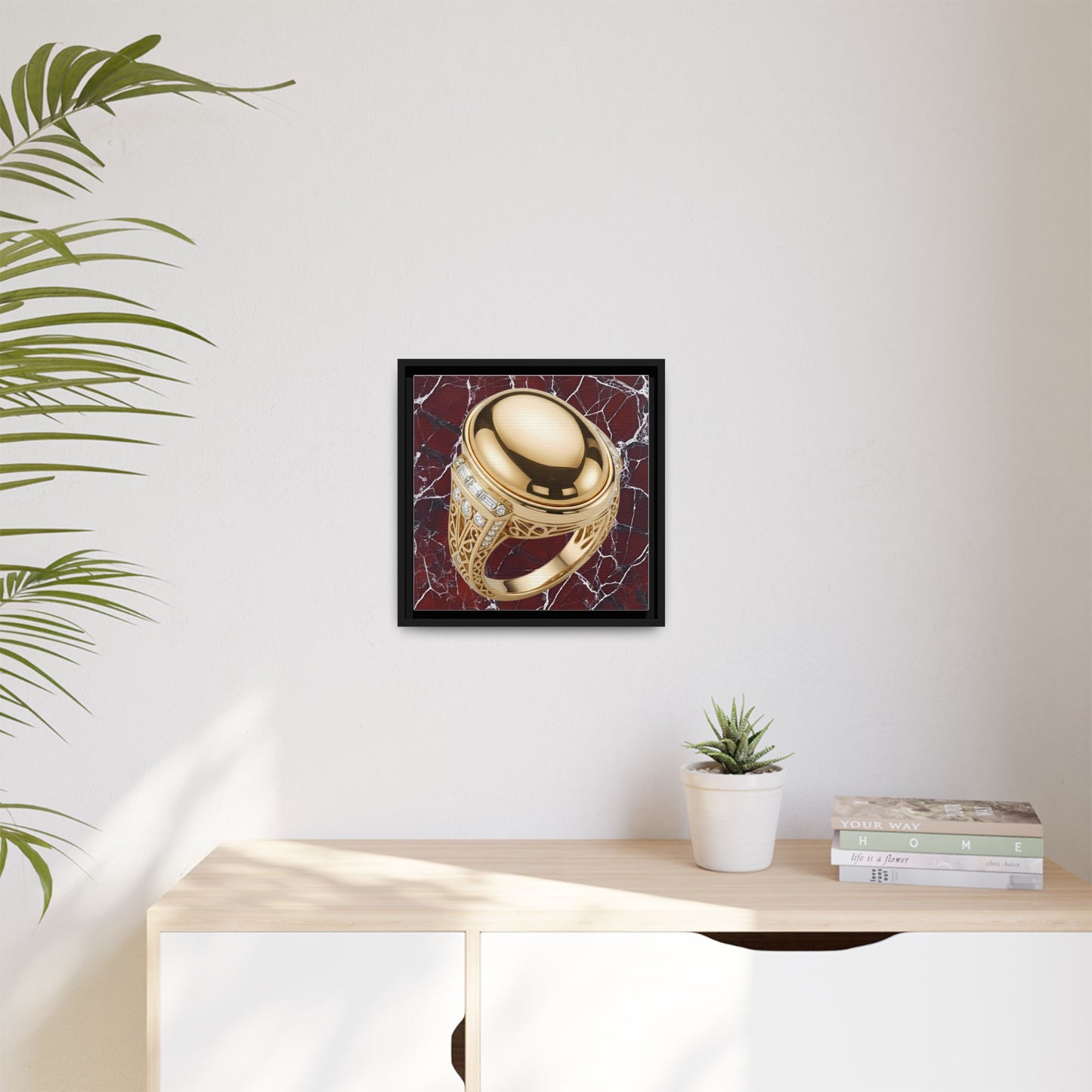Golden Signet on Crimson Marble Canvas