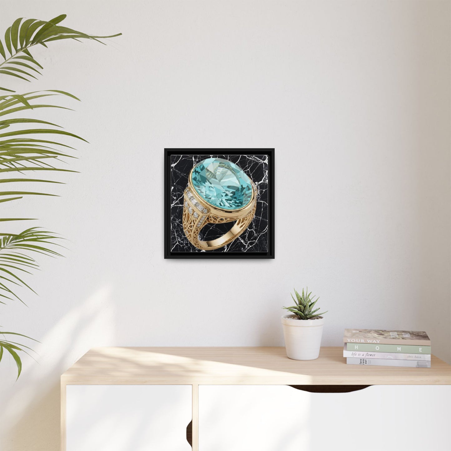 Aquamarine Ring with Marble Veins Framed Canvas