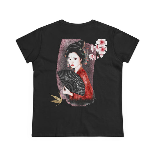 Japanese Woman & Folding Fan Cherry Blossom Back Print Women’s Tee