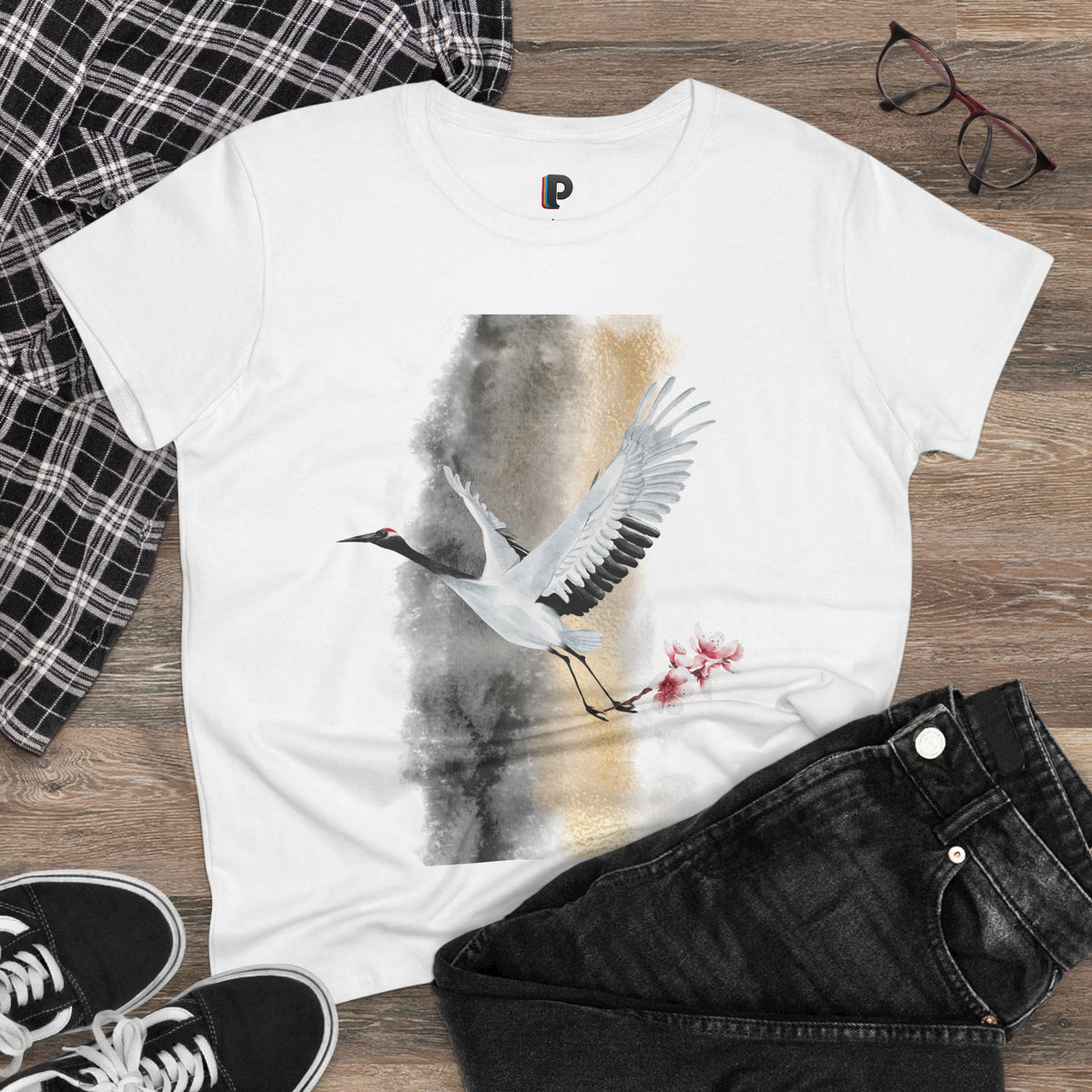 Red-Crowned Crane & Cherry Blossom Ink Wash Front Print Women’s Tee