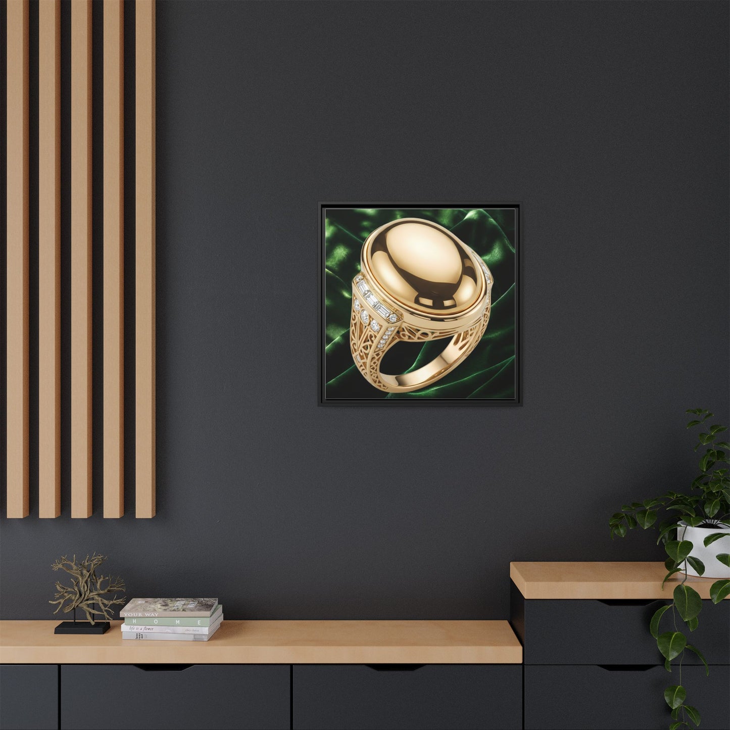 Gold Cabochon Openwork Ring Framed Canvas