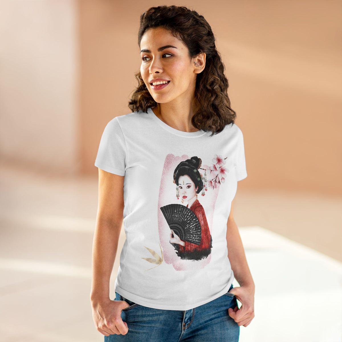 Japanese Woman & Folding Fan Cherry Blossom Front Print Women’s Tee