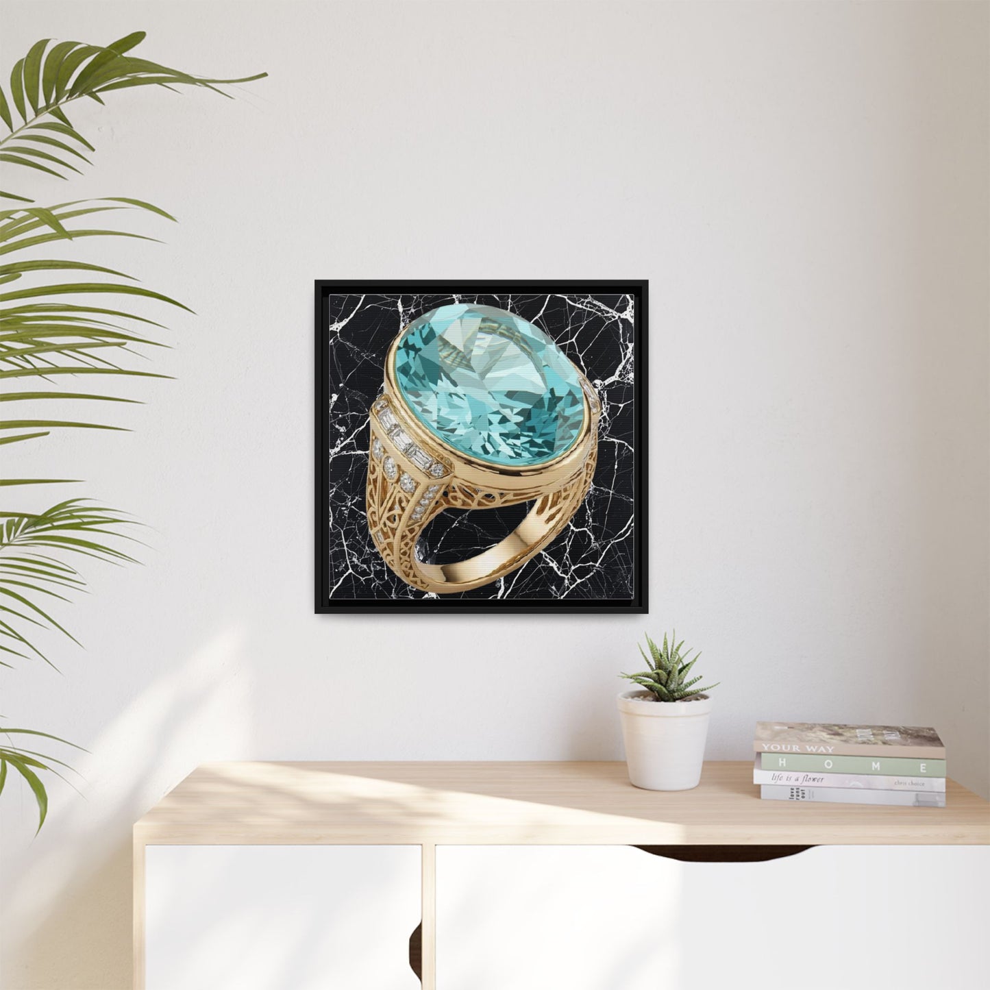 Aquamarine Ring with Marble Veins Framed Canvas