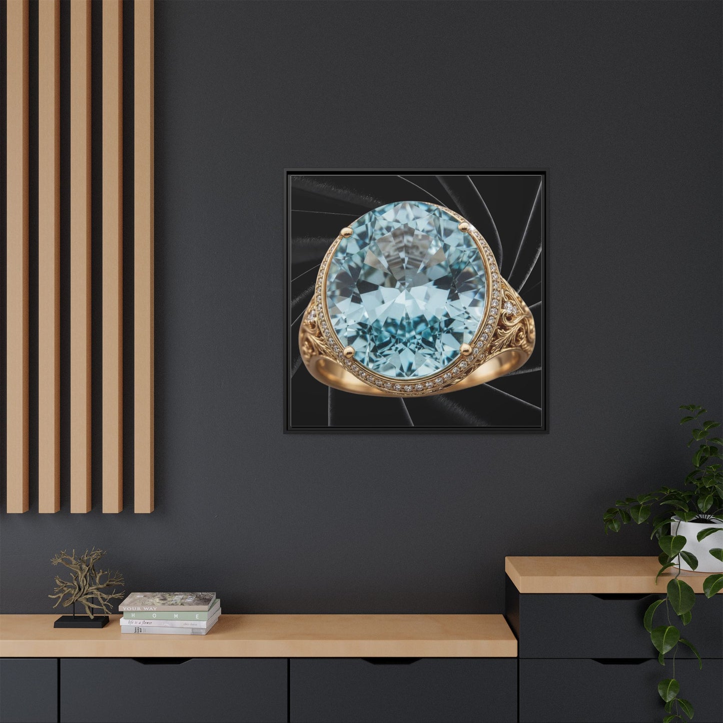 Aquamarine Oval Halo Black Velvet Framed Canvas
