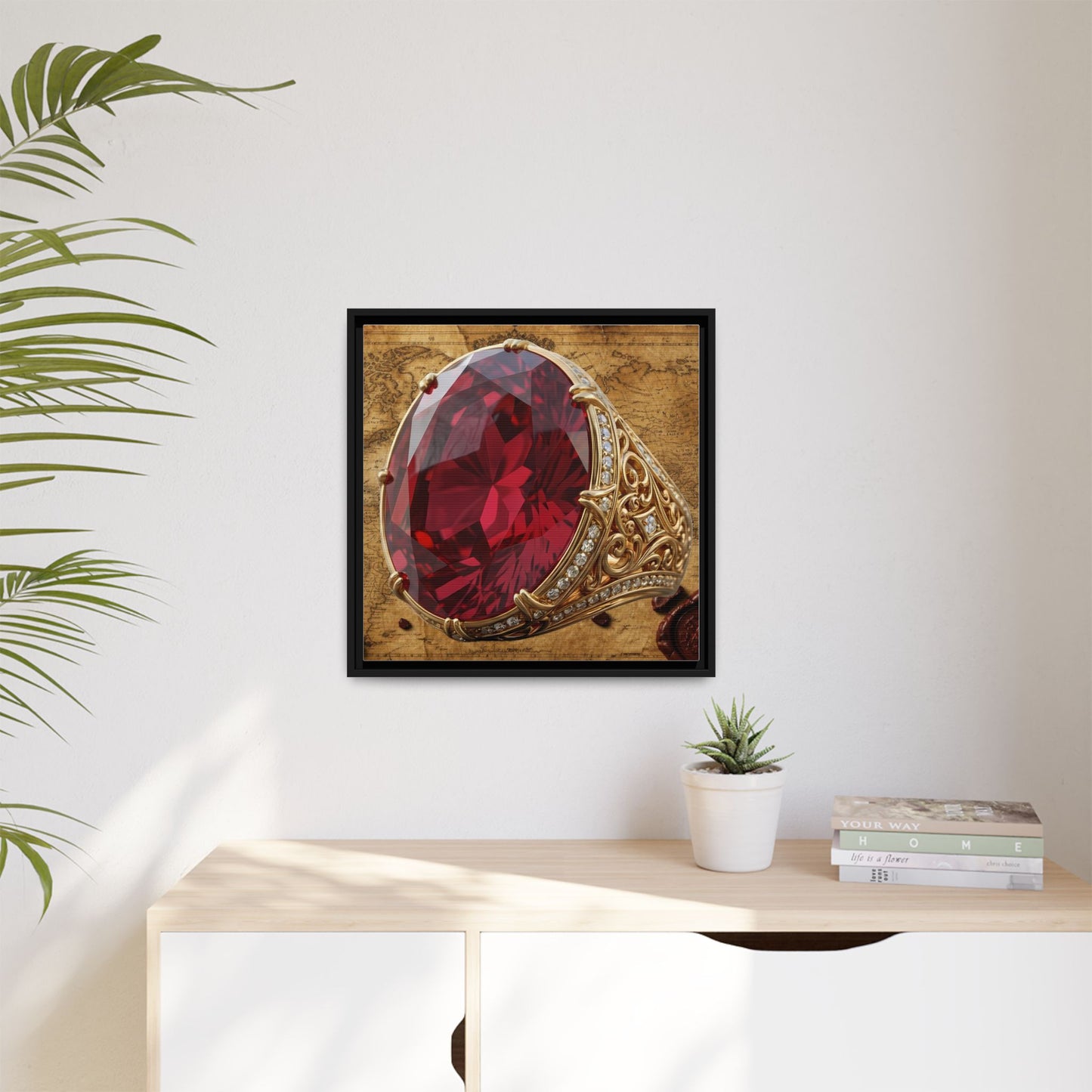 Oval Ruby Filigree on Antique Atlas Framed Canvas