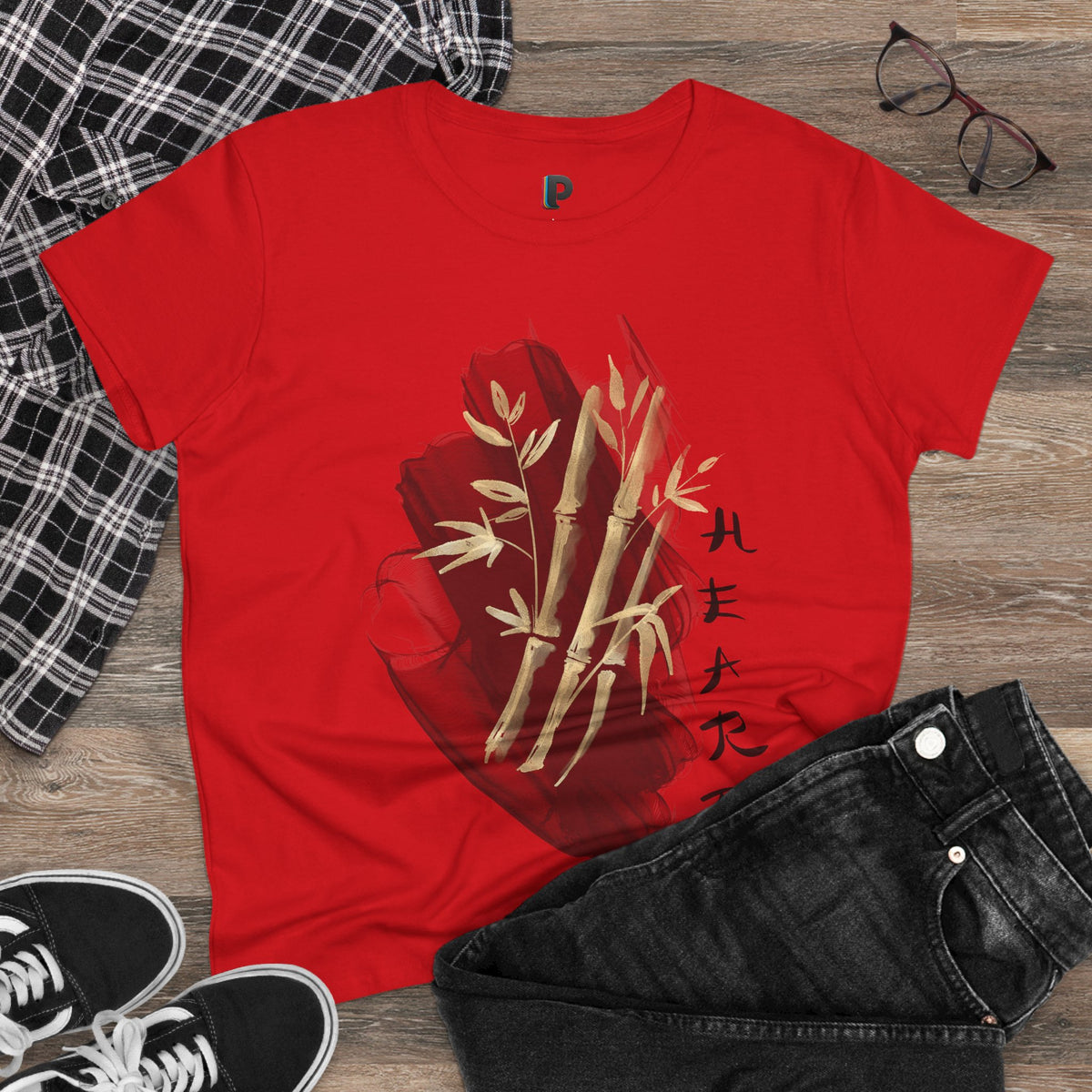 Golden Bamboo Ink Brush Front Print Women’s Tee