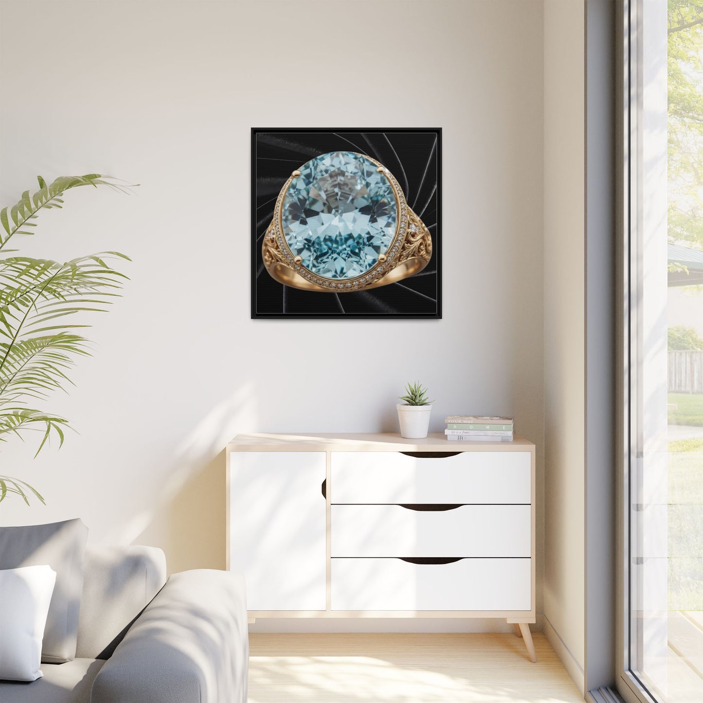 Aquamarine Oval Halo Black Velvet Framed Canvas