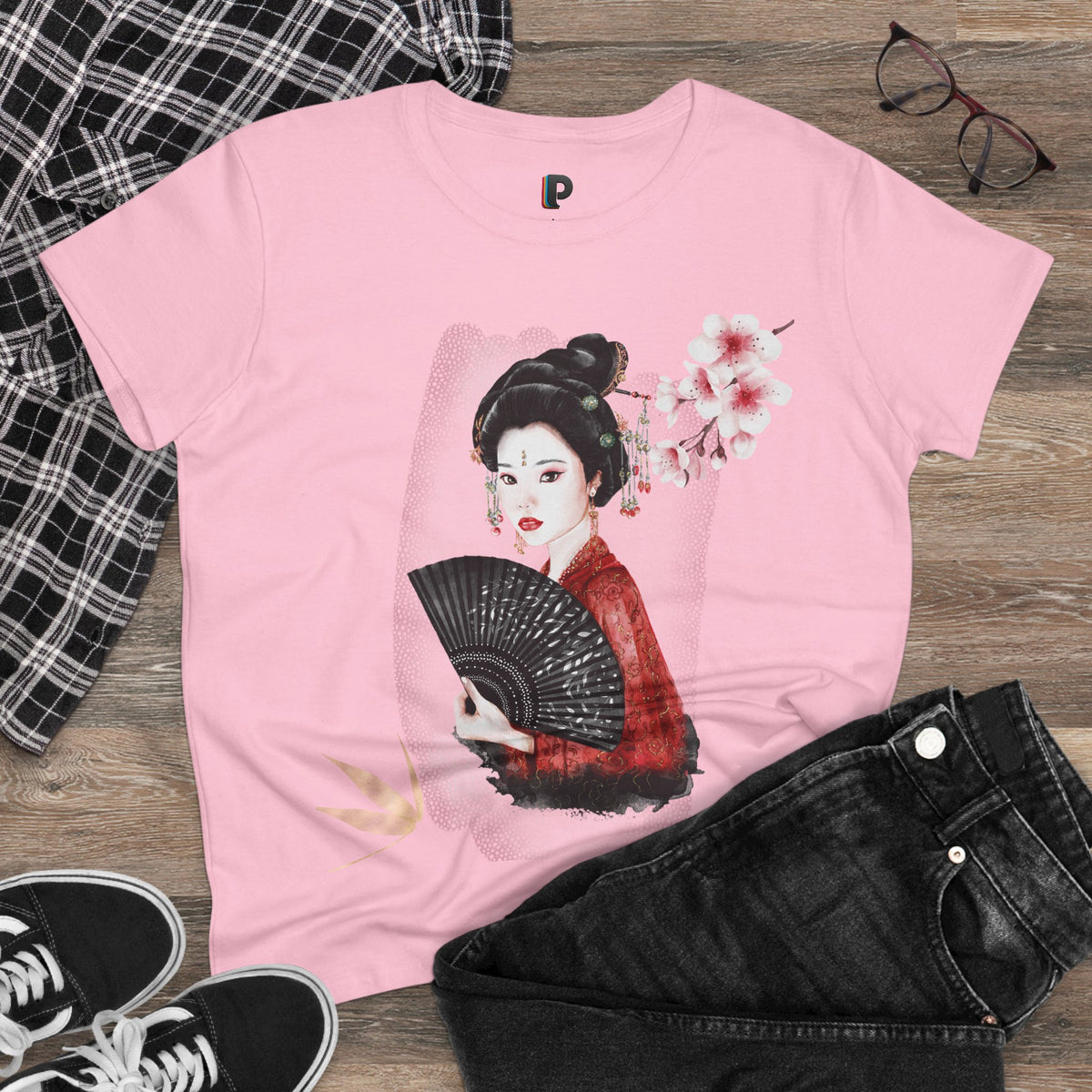 Japanese Woman & Folding Fan Cherry Blossom Front Print Women’s Tee
