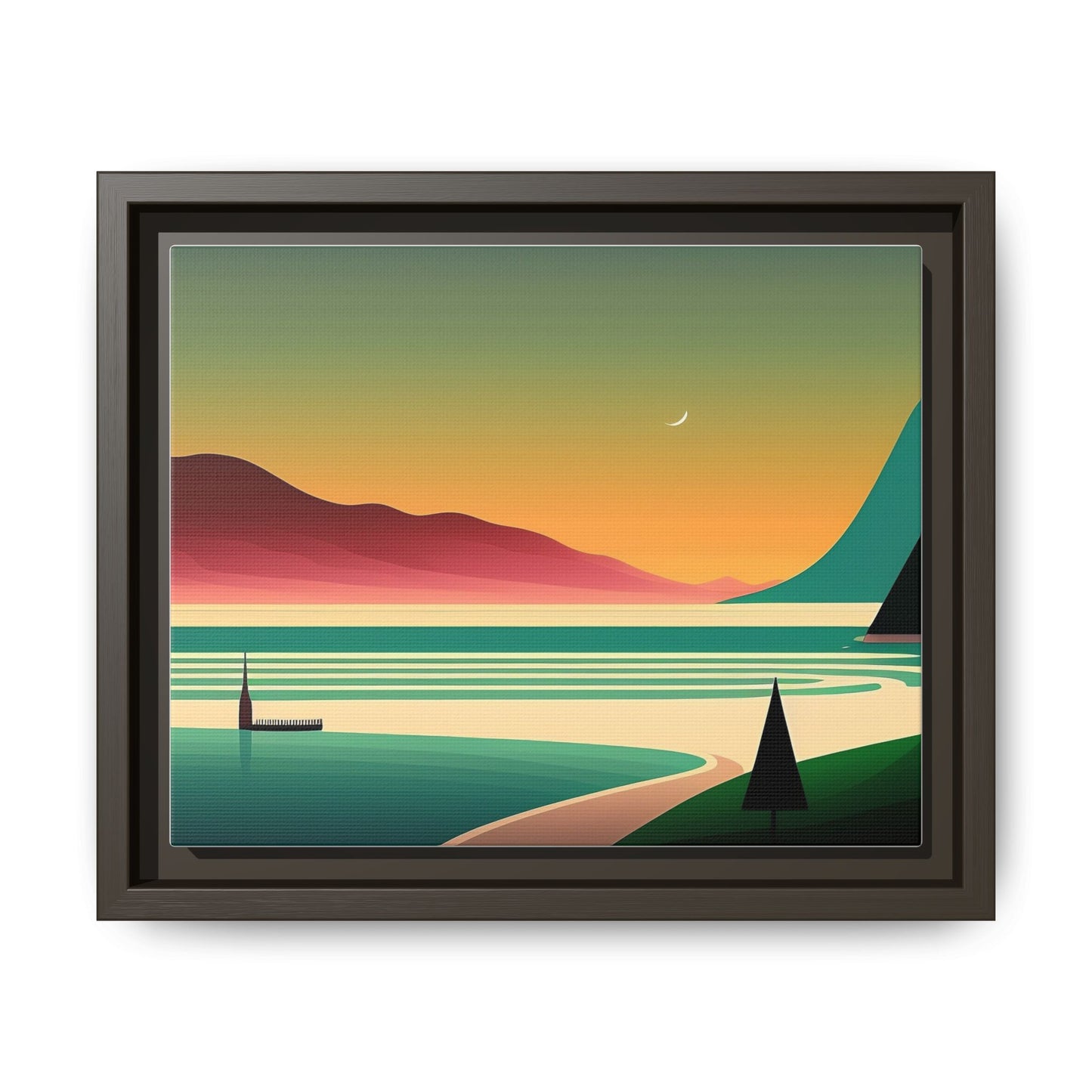 Retro Sunset Lake Framed Canvas Wall Art