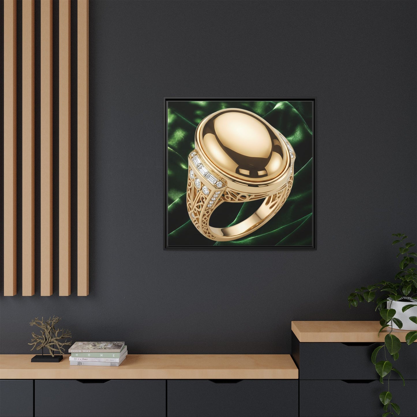 Gold Cabochon Openwork Ring Framed Canvas