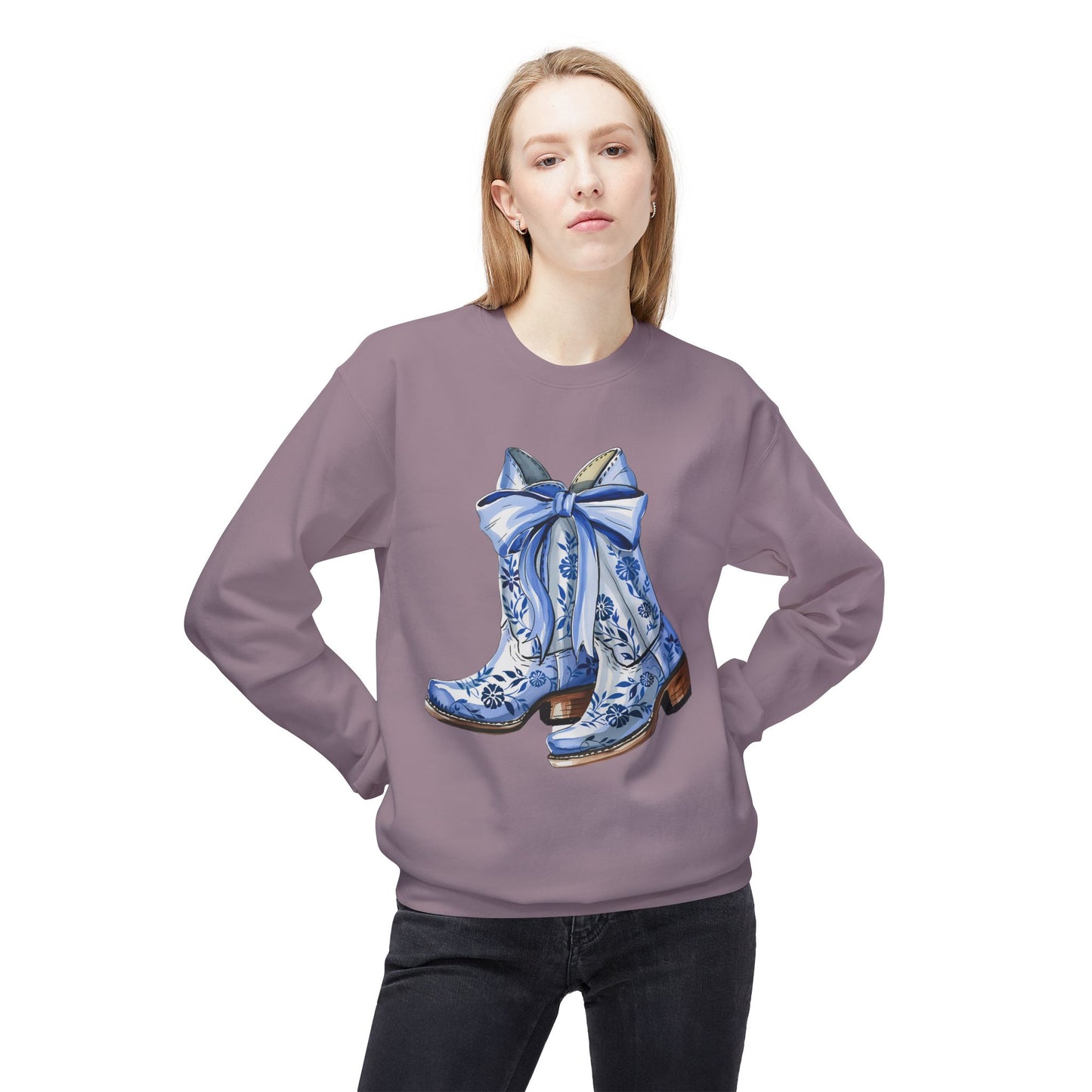 Blue Floral Cowboy Boots Crewneck Sweatshirt