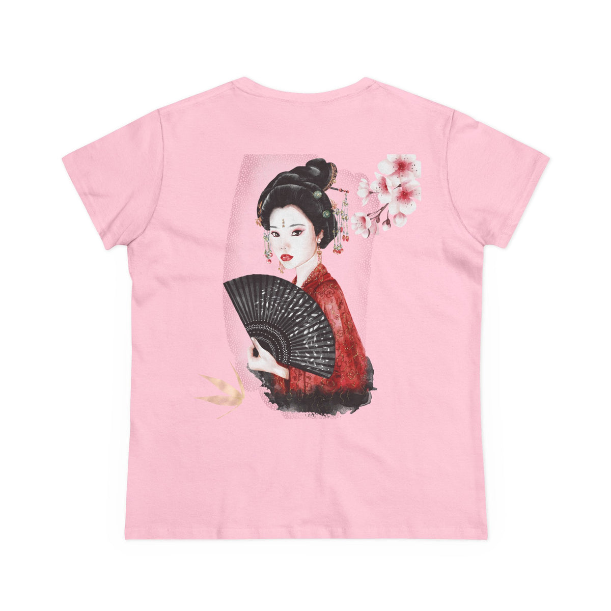 Japanese Woman & Folding Fan Cherry Blossom Back Print Women’s Tee