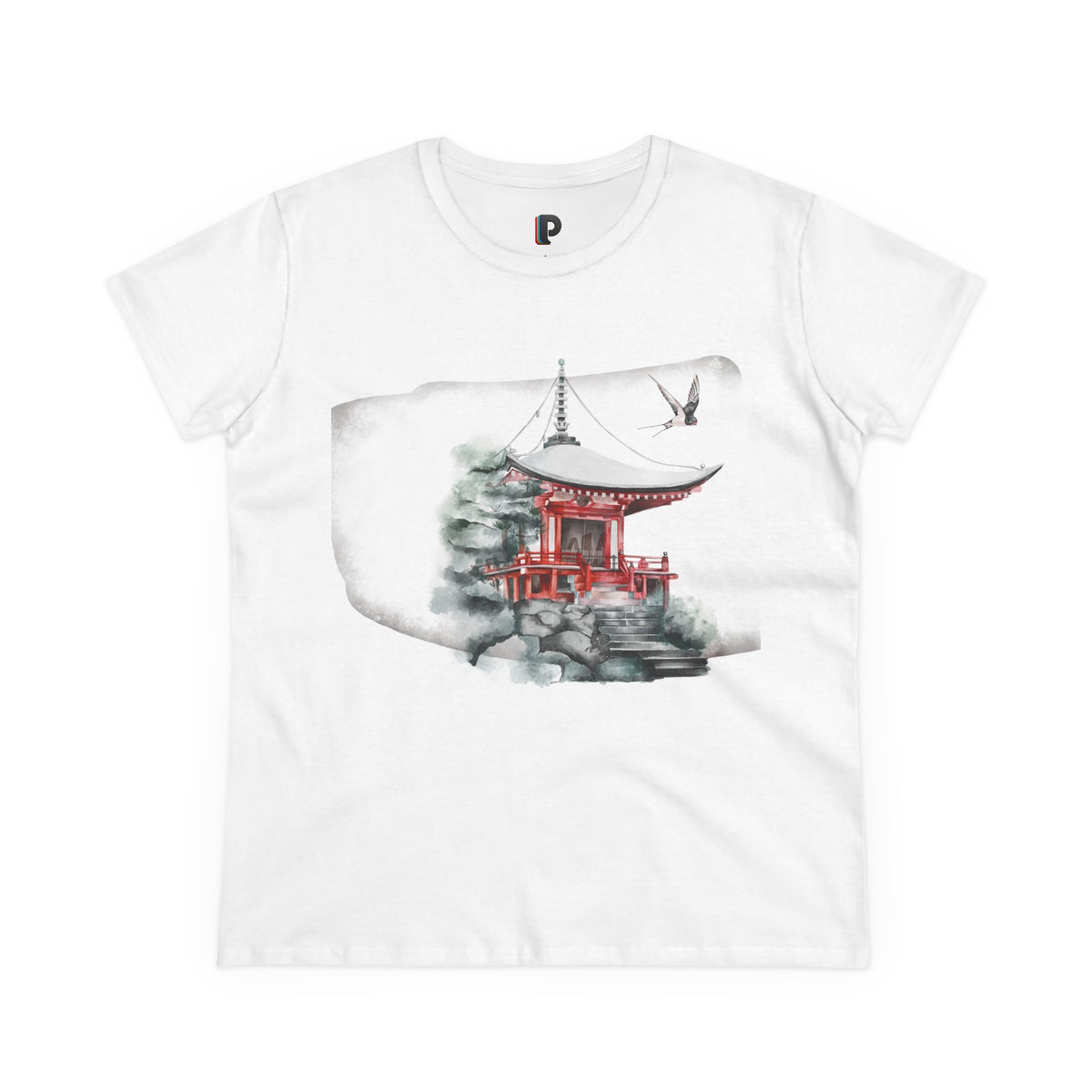 Watercolor Red Pagoda Front Print Women’s Tee