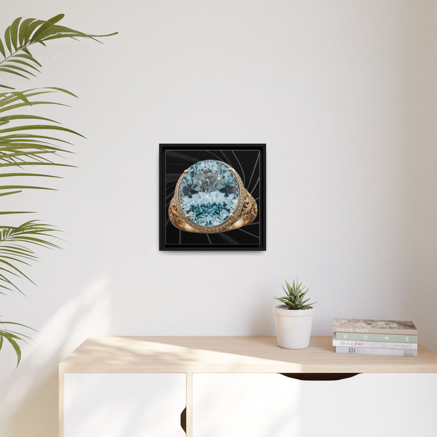 Aquamarine Oval Halo Black Velvet Framed Canvas
