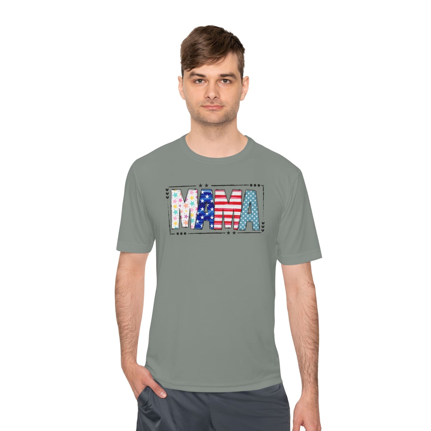 MAMA Patriotic Graphic Tee — USA Flag & Stars Moisture-Wicking Shirt