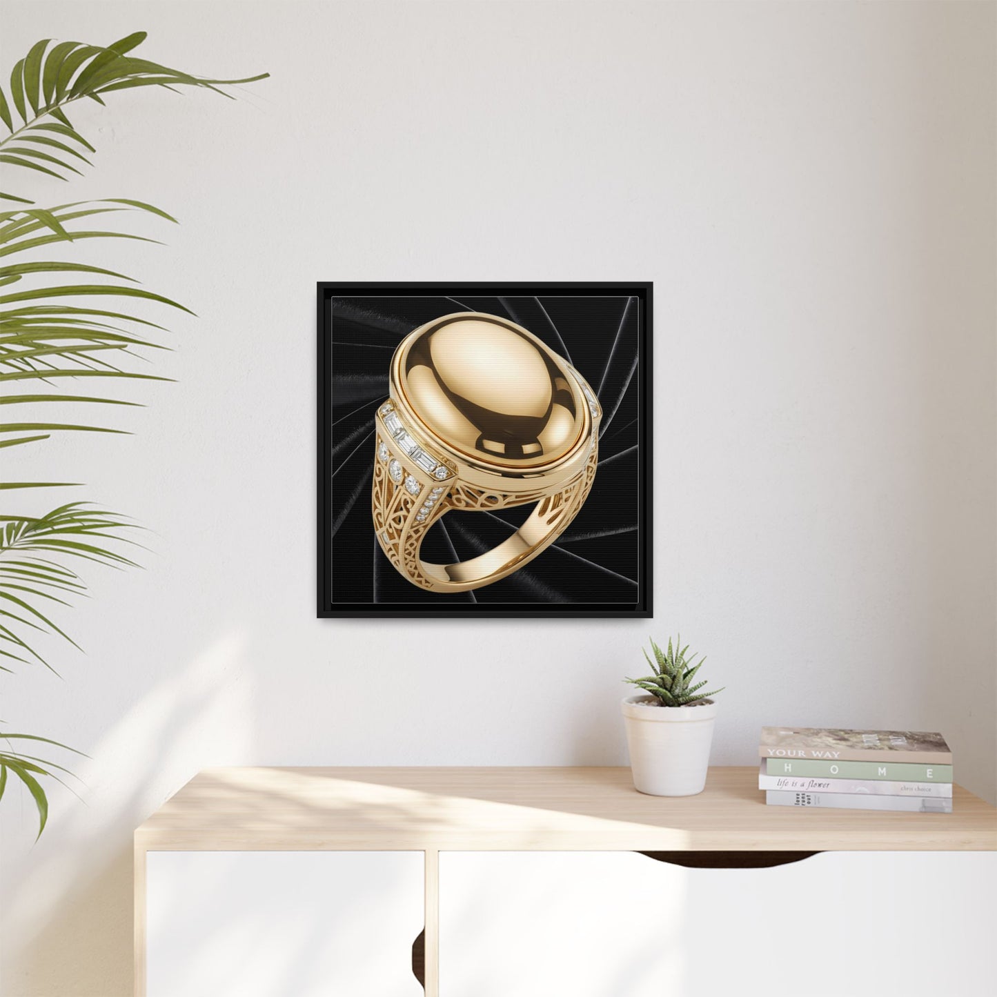 Mirror-Gold Cabochon Ring on Black Velvet Framed Canvas