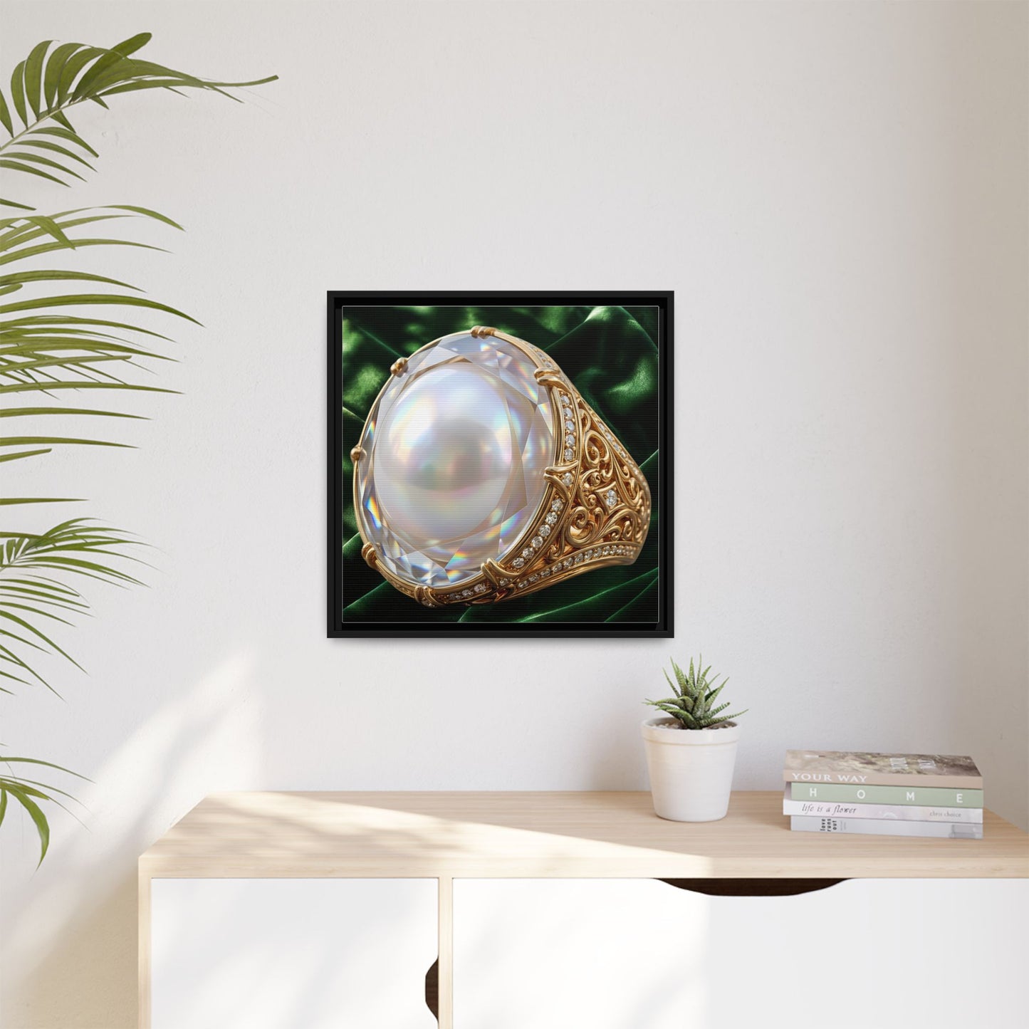 Luminous Pearl Ring with Drapery Framed Canvas