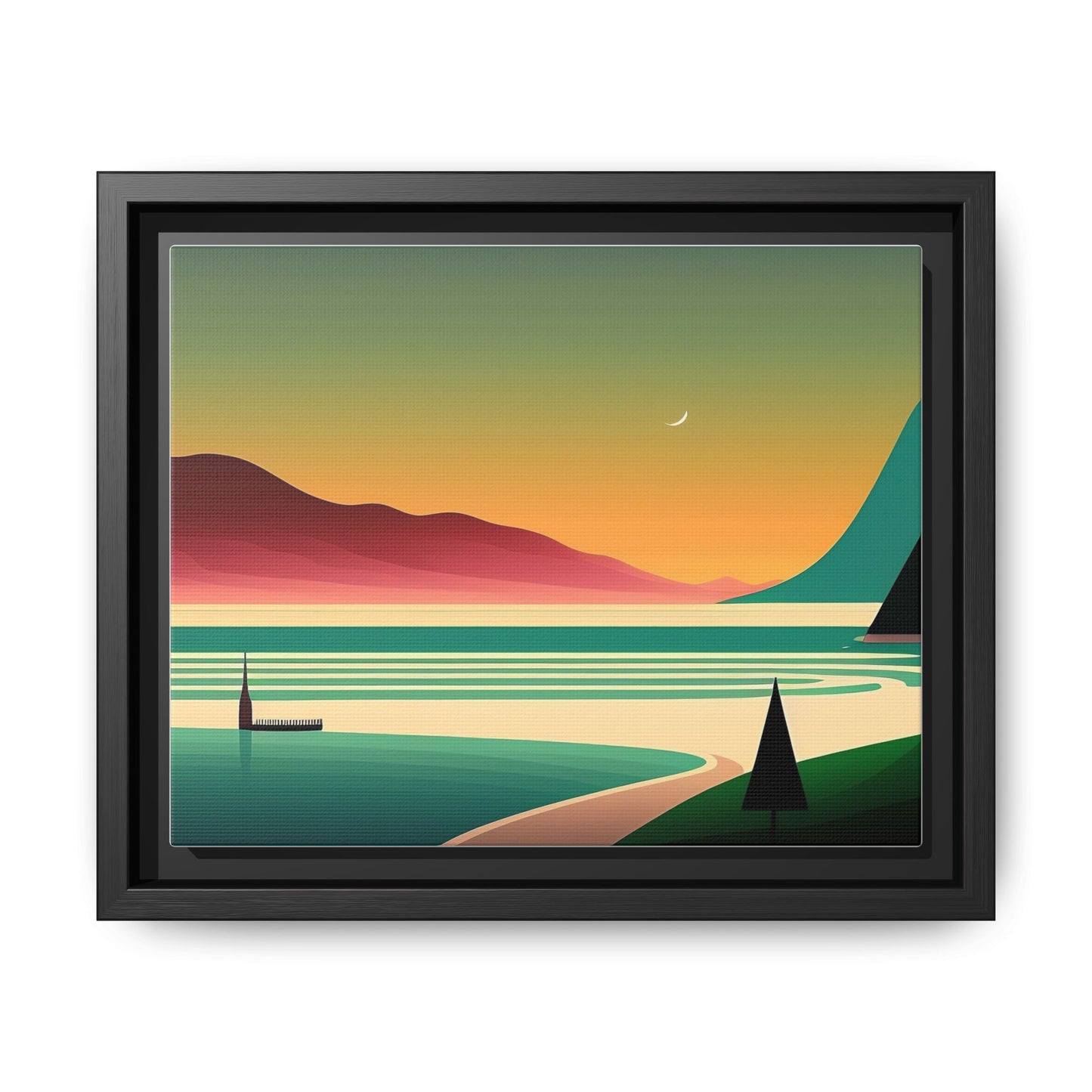 Retro Sunset Lake Framed Canvas Wall Art