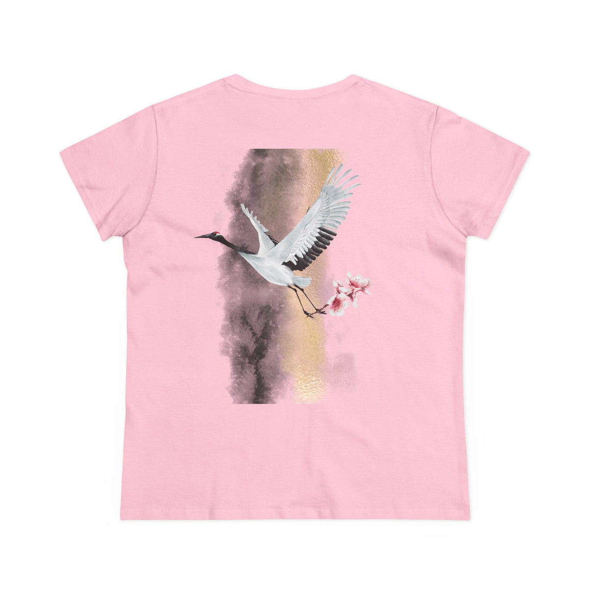 Red-Crowned Crane & Cherry Blossom Ink Wash Back Print Women’s Tee