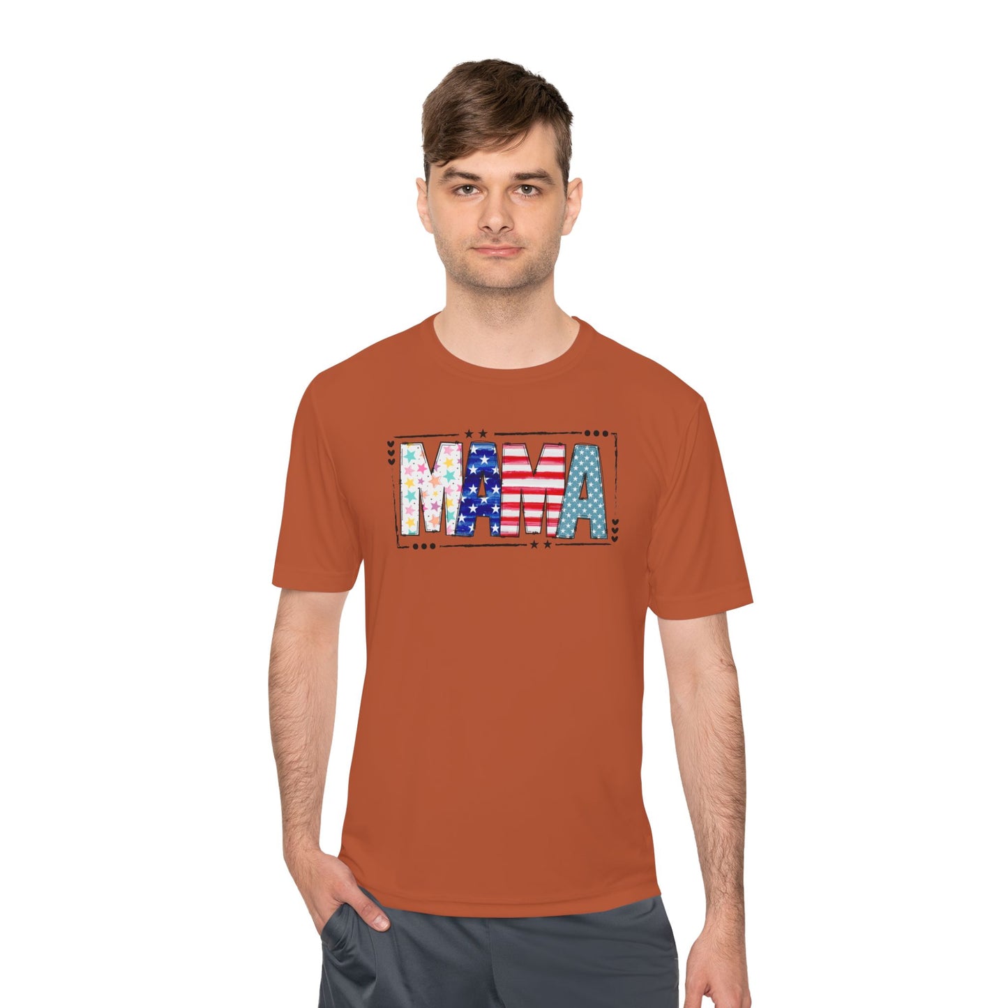 MAMA Patriotic Graphic Tee — USA Flag & Stars Moisture-Wicking Shirt