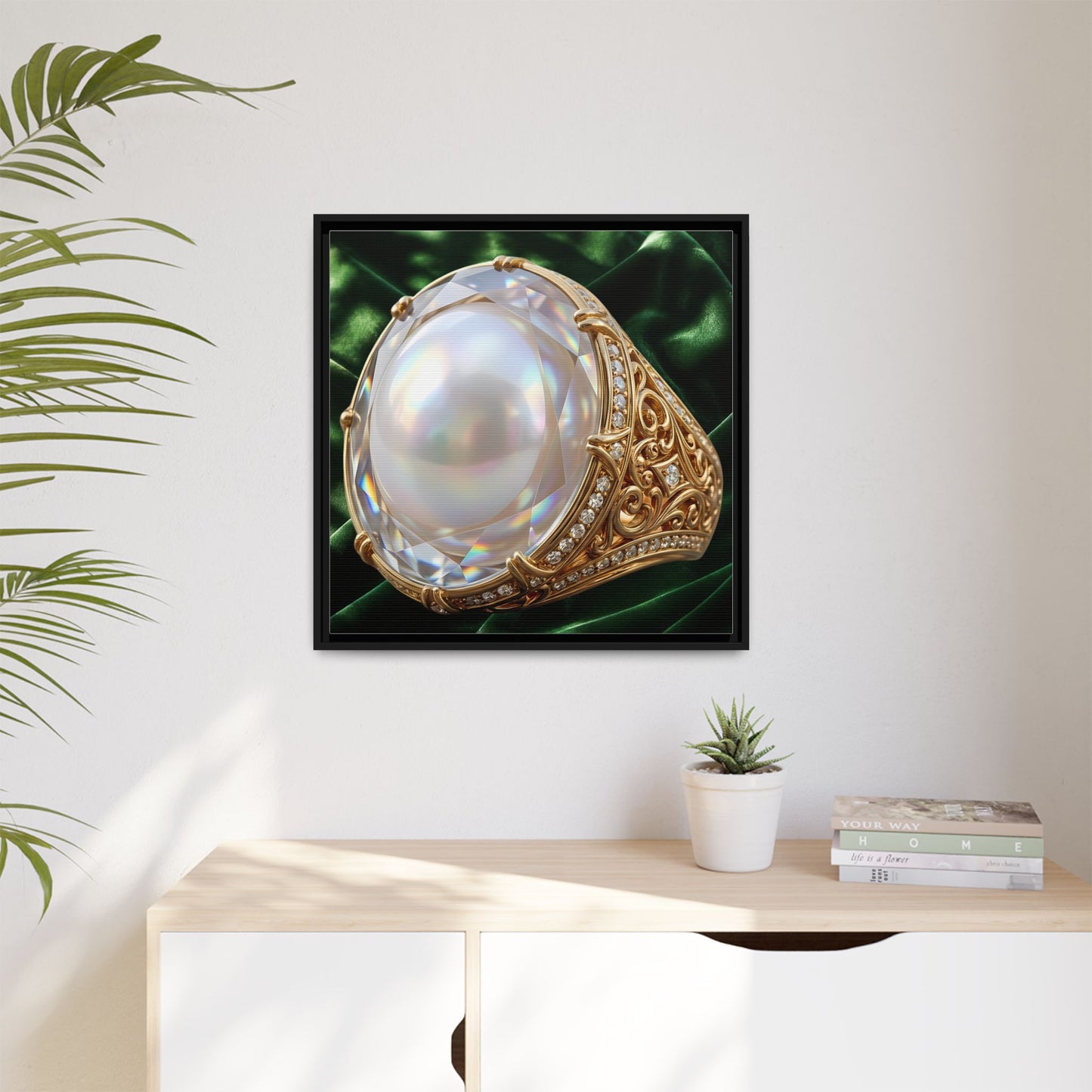 Luminous Pearl Ring with Drapery Framed Canvas