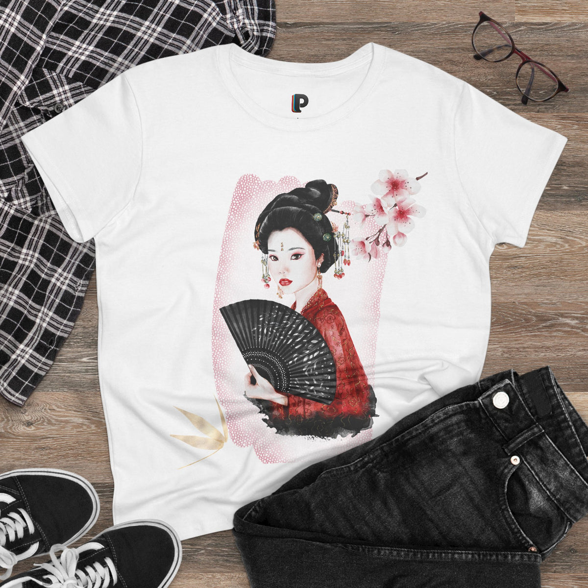 Japanese Woman & Folding Fan Cherry Blossom Front Print Women’s Tee