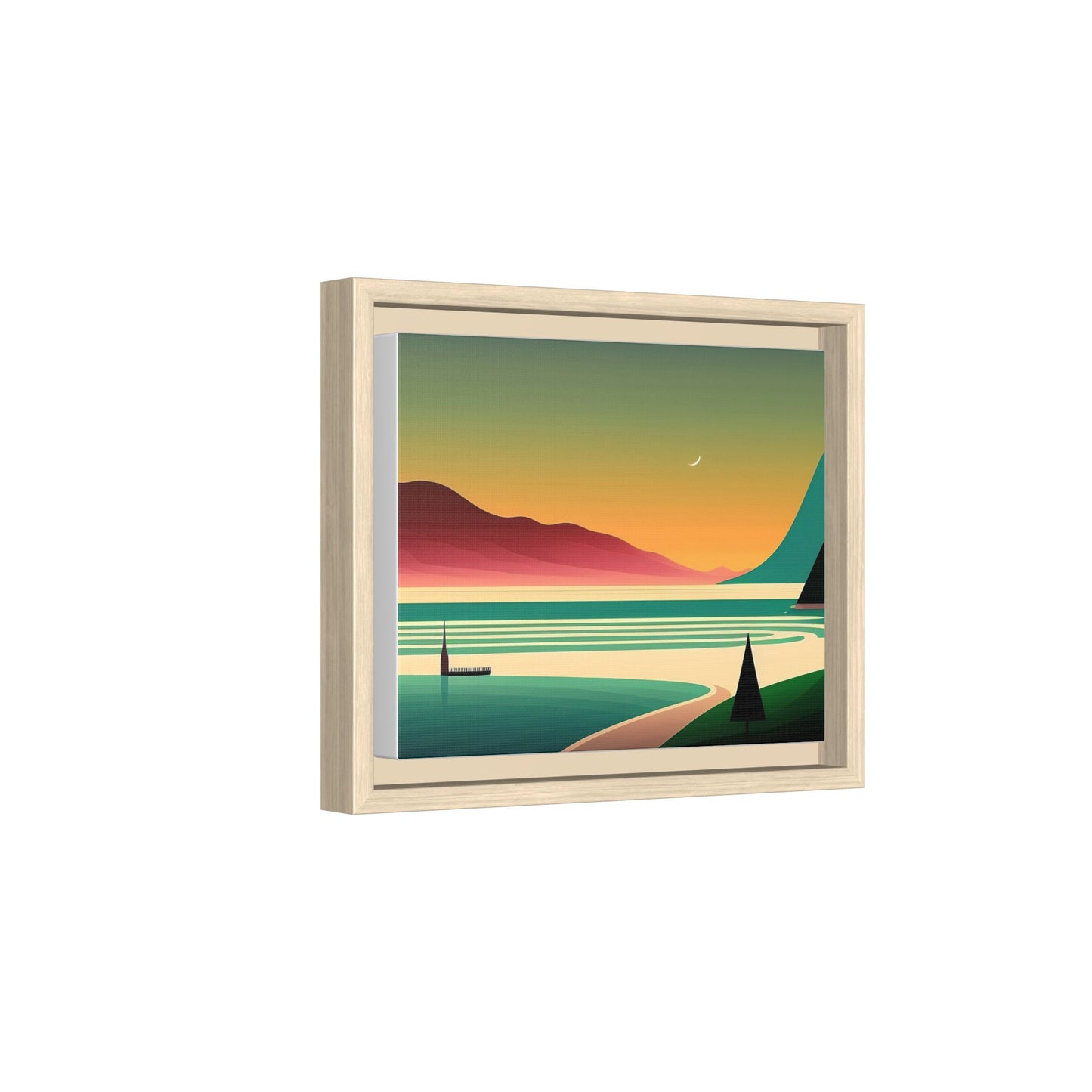 Retro Sunset Lake Framed Canvas Wall Art