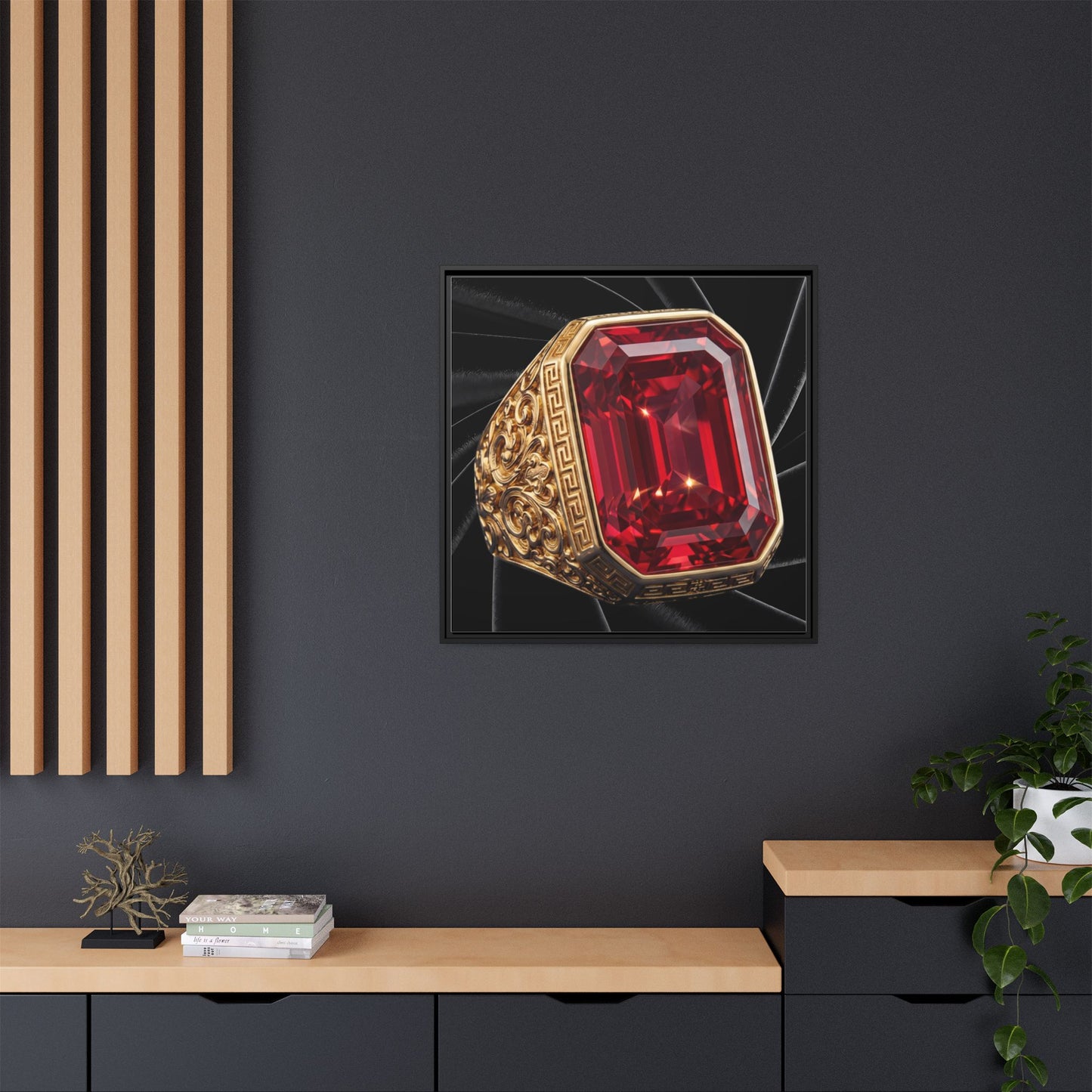 Ruby Step-Cut Ring on Black Velvet Framed Canvas