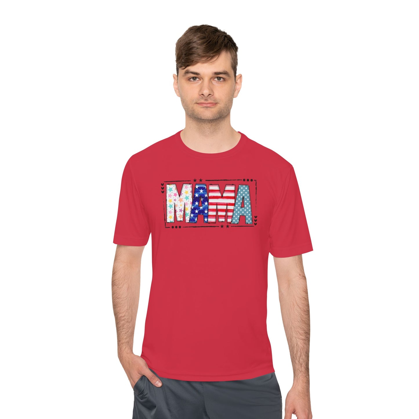 MAMA Patriotic Graphic Tee — USA Flag & Stars Moisture-Wicking Shirt