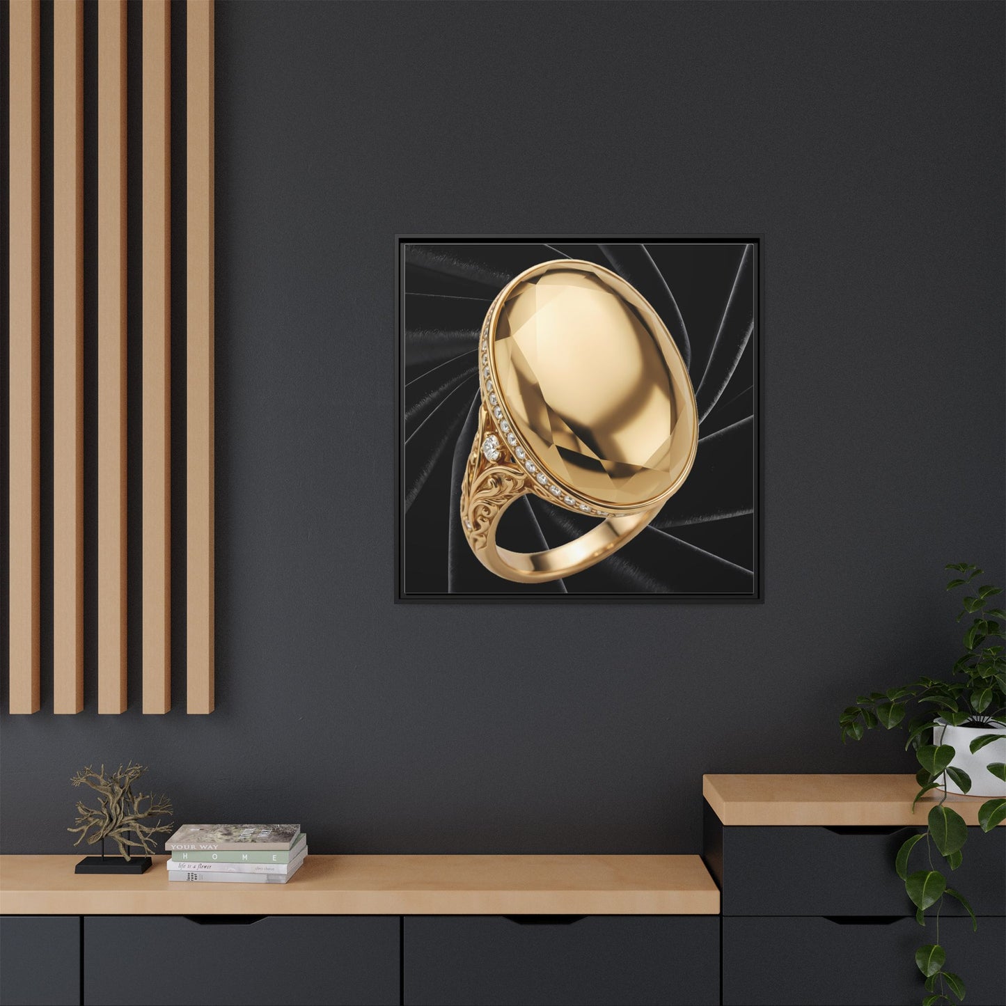 Polished Gold Oval Ring Black Velvet Framed Canvas