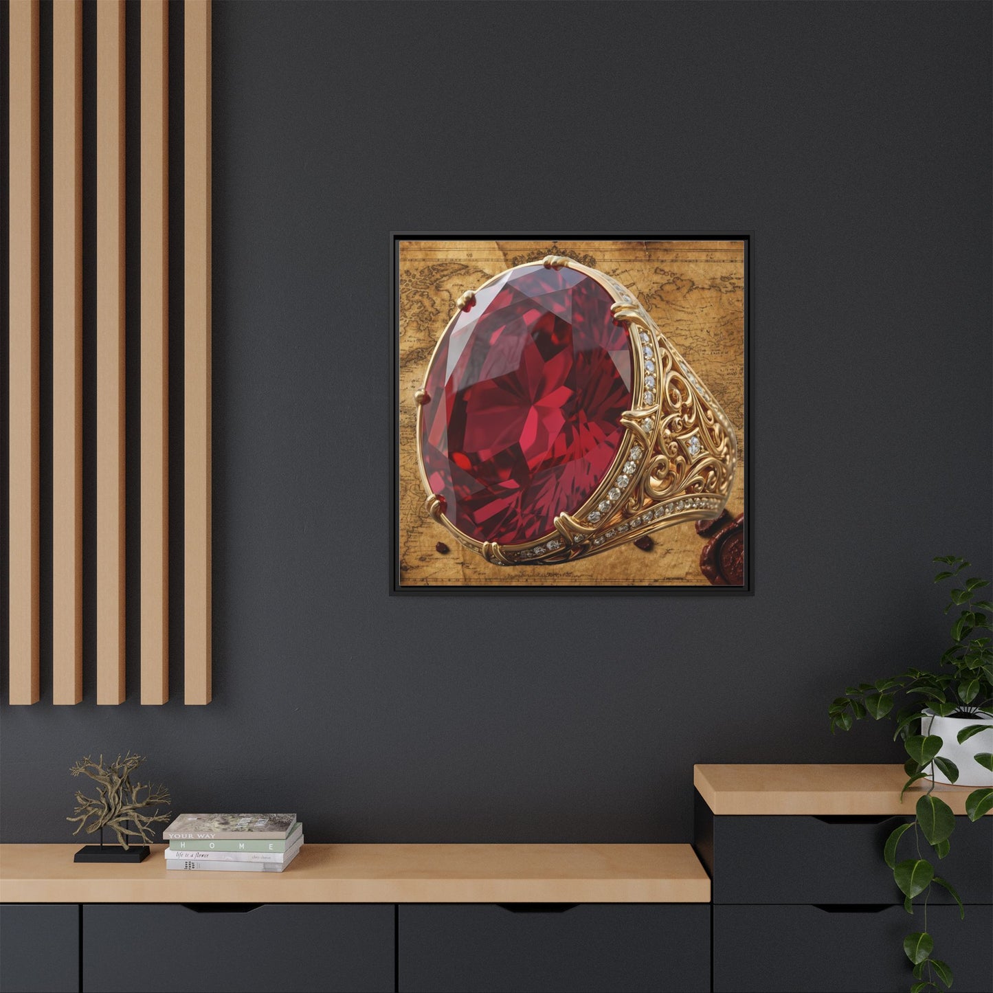 Oval Ruby Filigree on Antique Atlas Framed Canvas