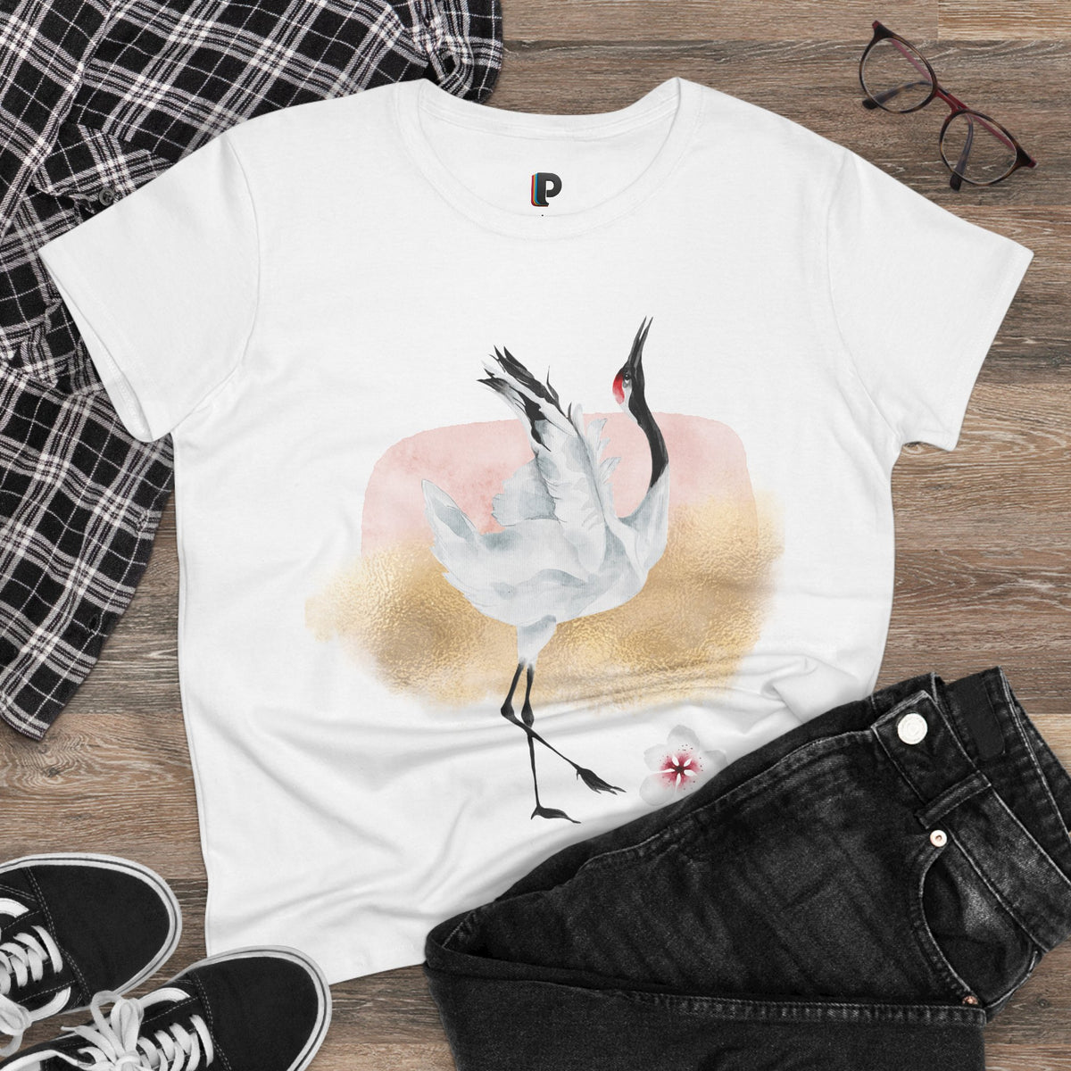 Dancing Red-Crowned Crane Watercolor Women’s Tee