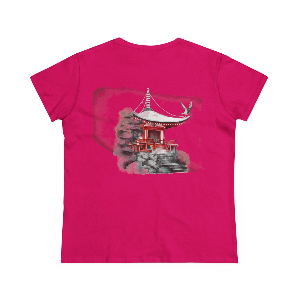 Watercolor Red Pagoda Back Print Women’s Tee