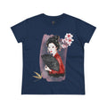 Japanese Woman & Folding Fan Cherry Blossom Front Print Women’s Tee