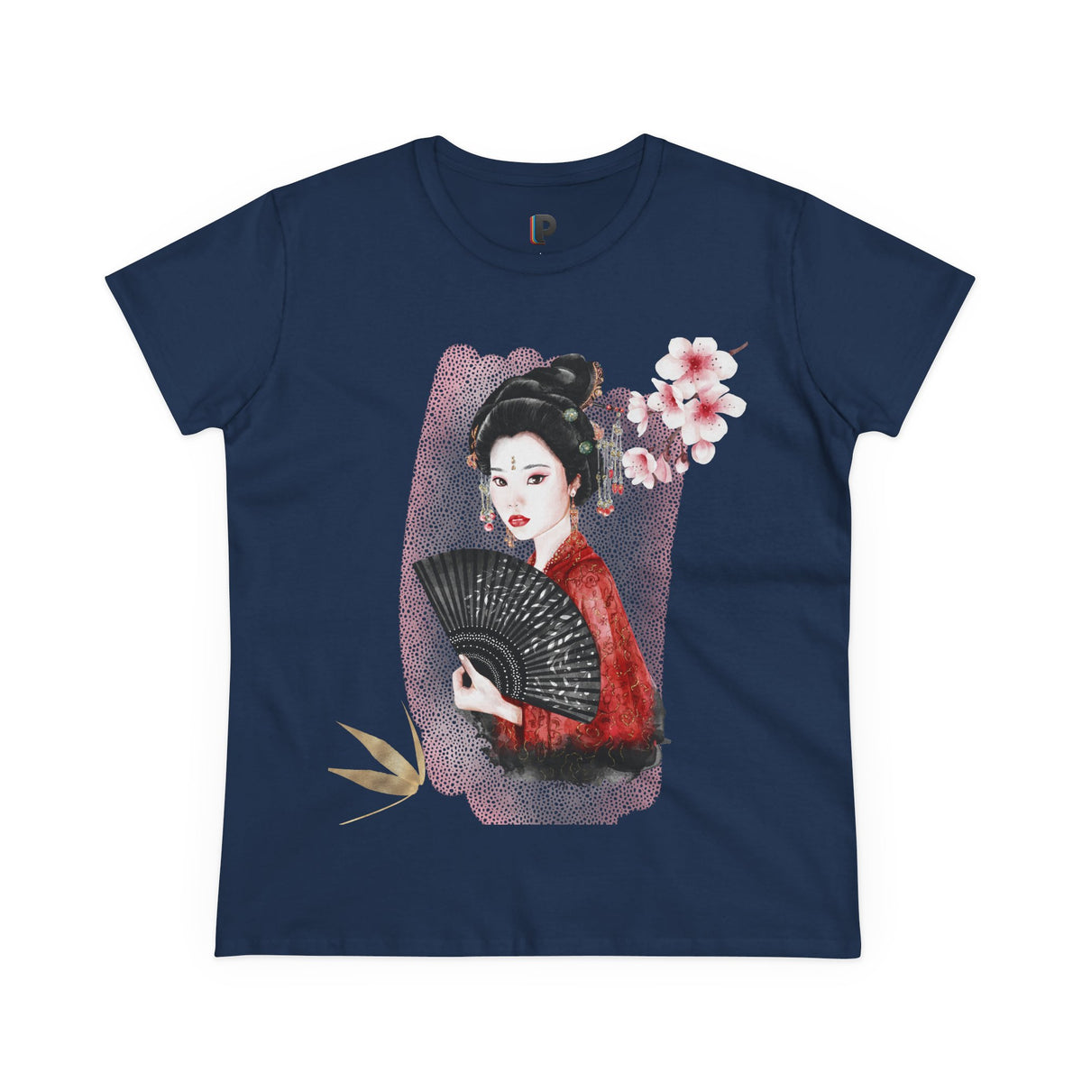 Japanese Woman & Folding Fan Cherry Blossom Front Print Women’s Tee