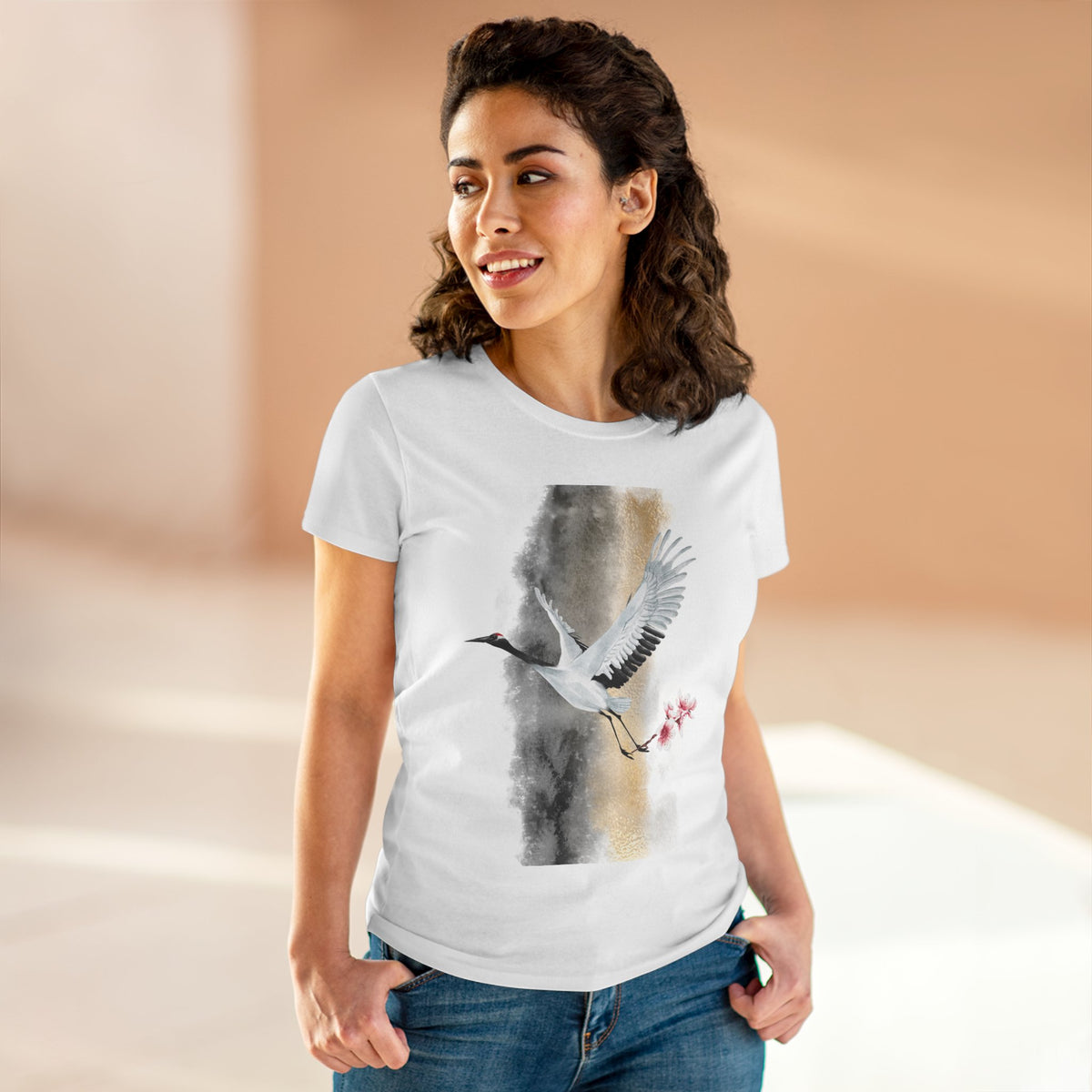 Red-Crowned Crane & Cherry Blossom Ink Wash Front Print Women’s Tee