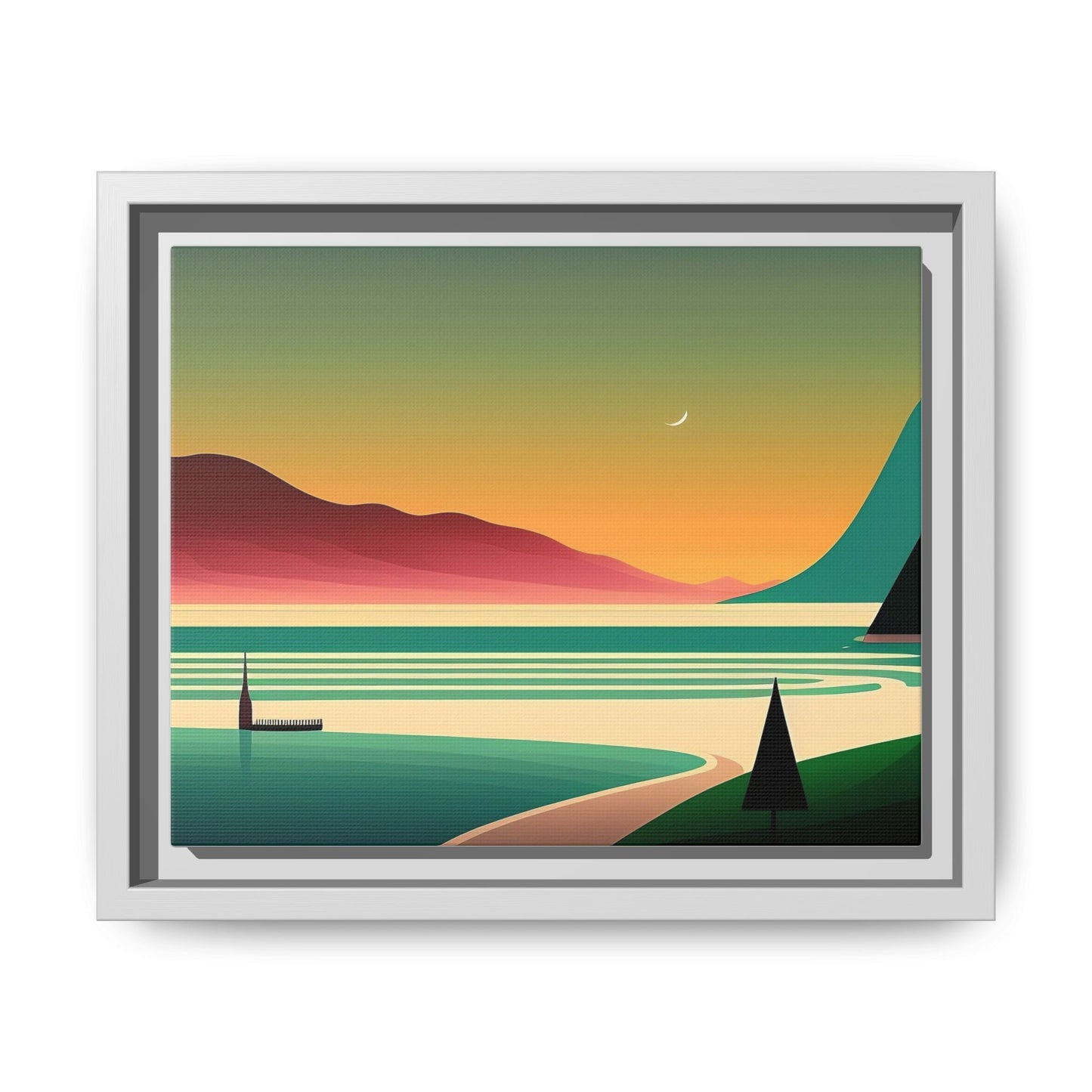 Retro Sunset Lake Framed Canvas Wall Art