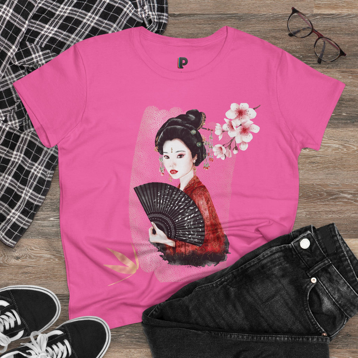 Japanese Woman & Folding Fan Cherry Blossom Front Print Women’s Tee