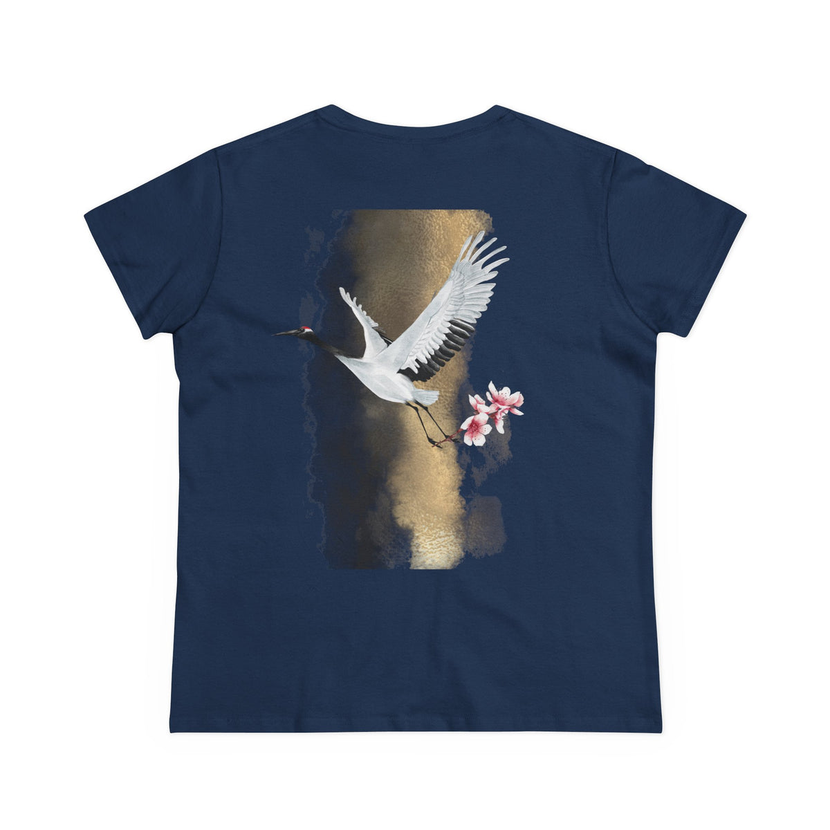 Red-Crowned Crane & Cherry Blossom Ink Wash Back Print Women’s Tee