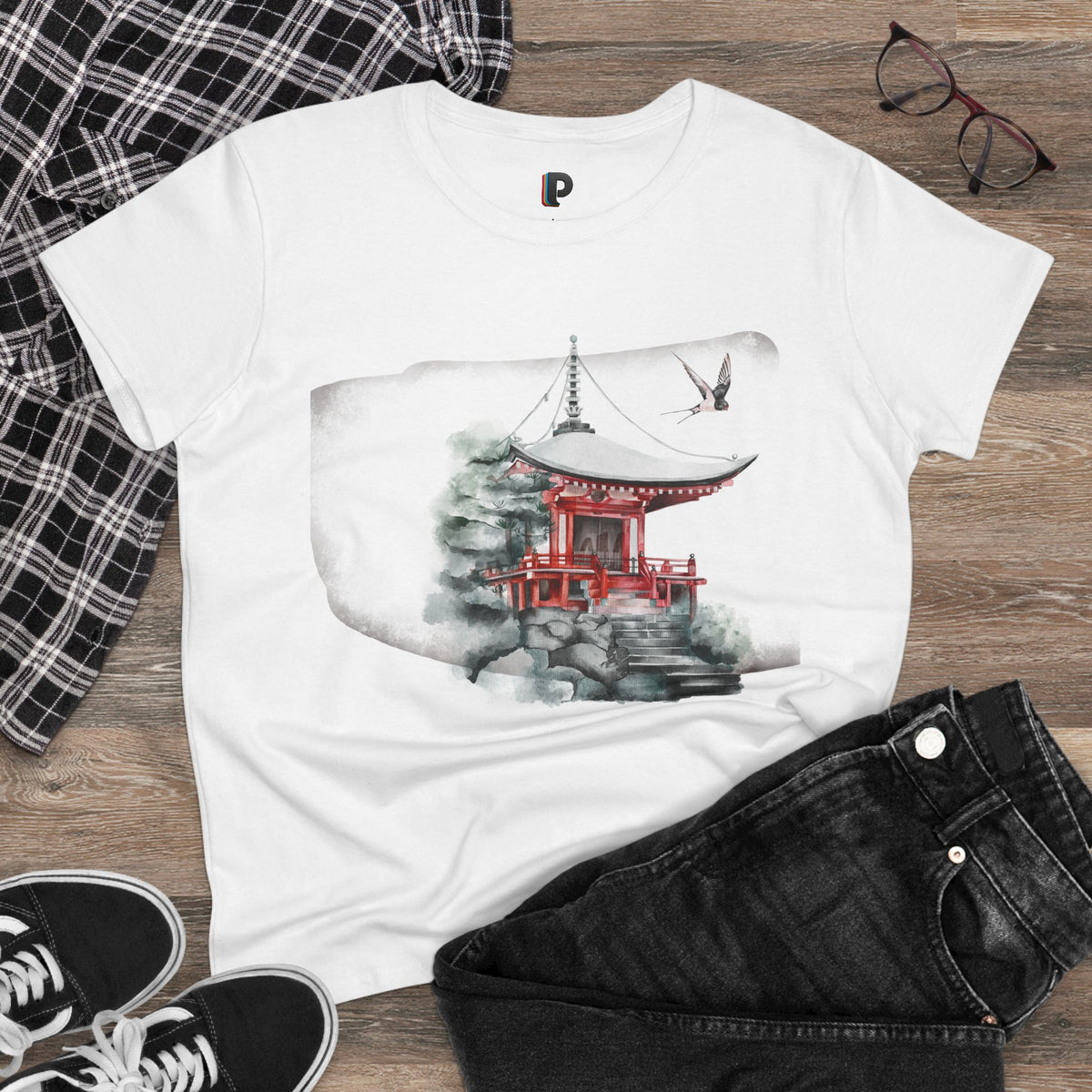 Watercolor Red Pagoda Front Print Women’s Tee