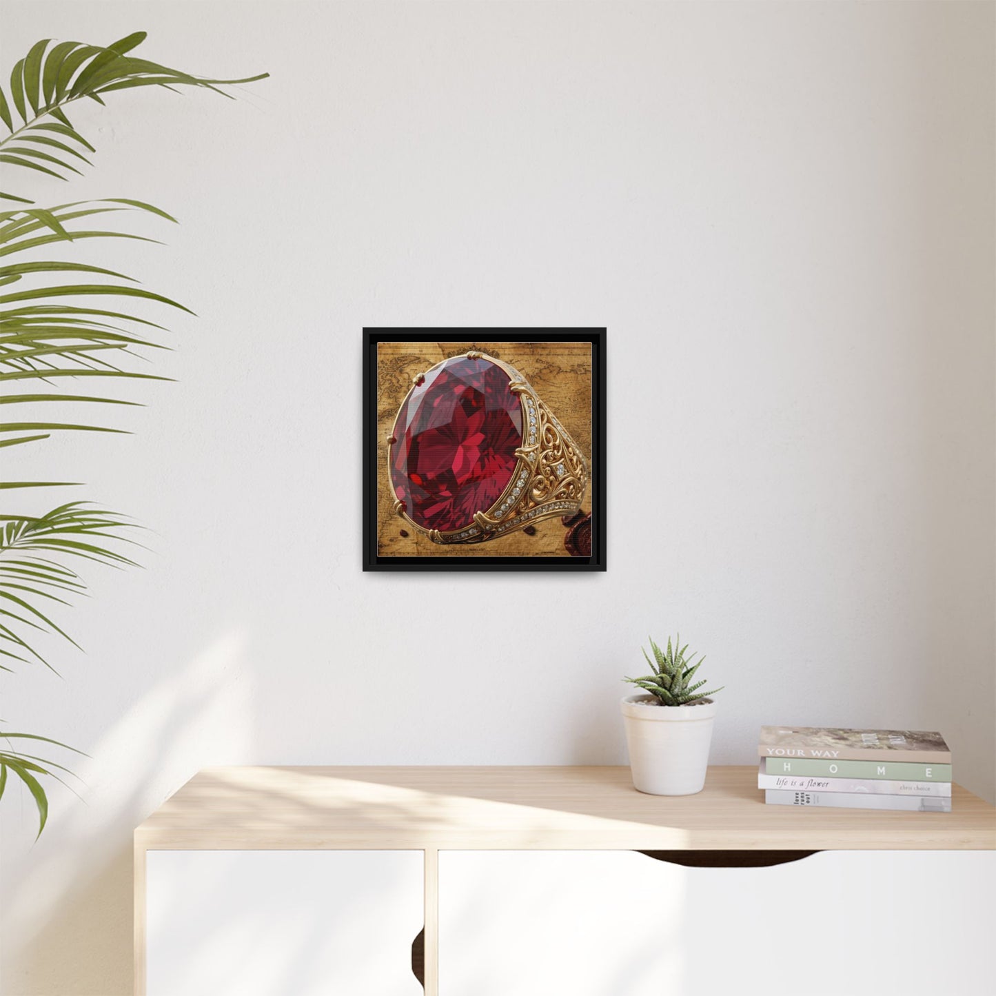 Oval Ruby Filigree on Antique Atlas Framed Canvas