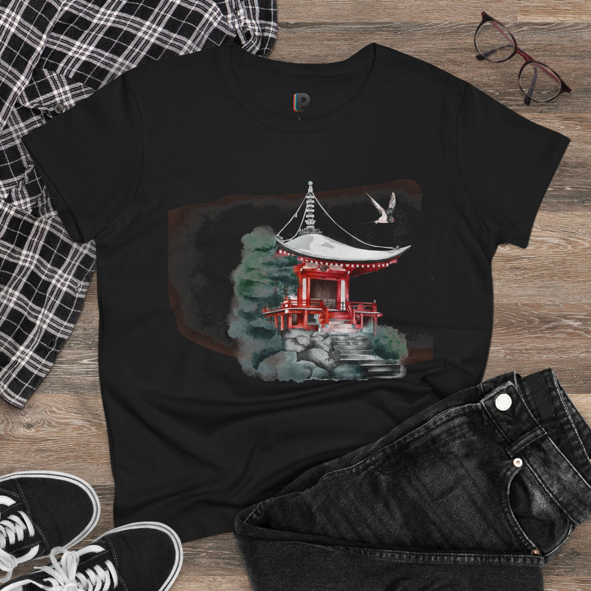 Watercolor Red Pagoda Front Print Women’s Tee