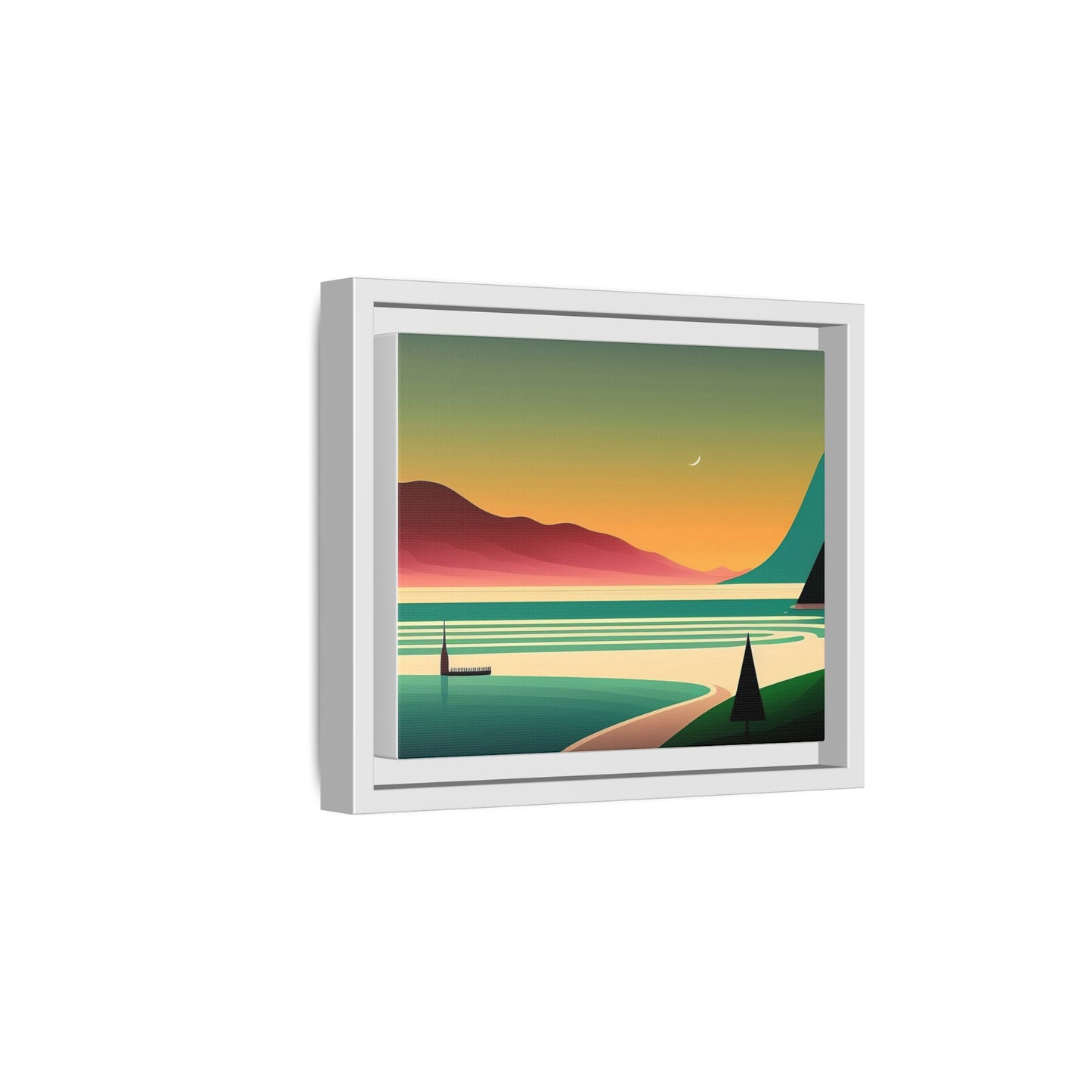 Retro Sunset Lake Framed Canvas Wall Art
