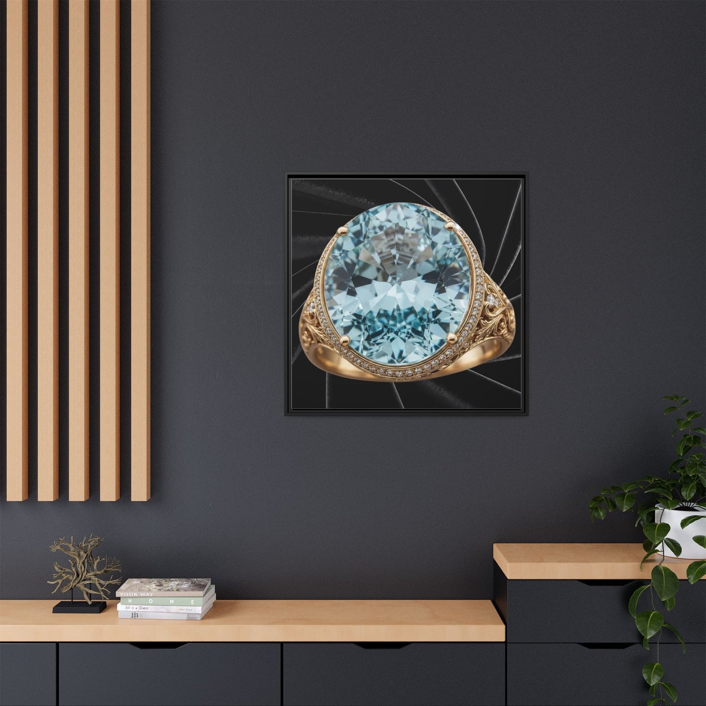 Aquamarine Oval Halo Black Velvet Framed Canvas