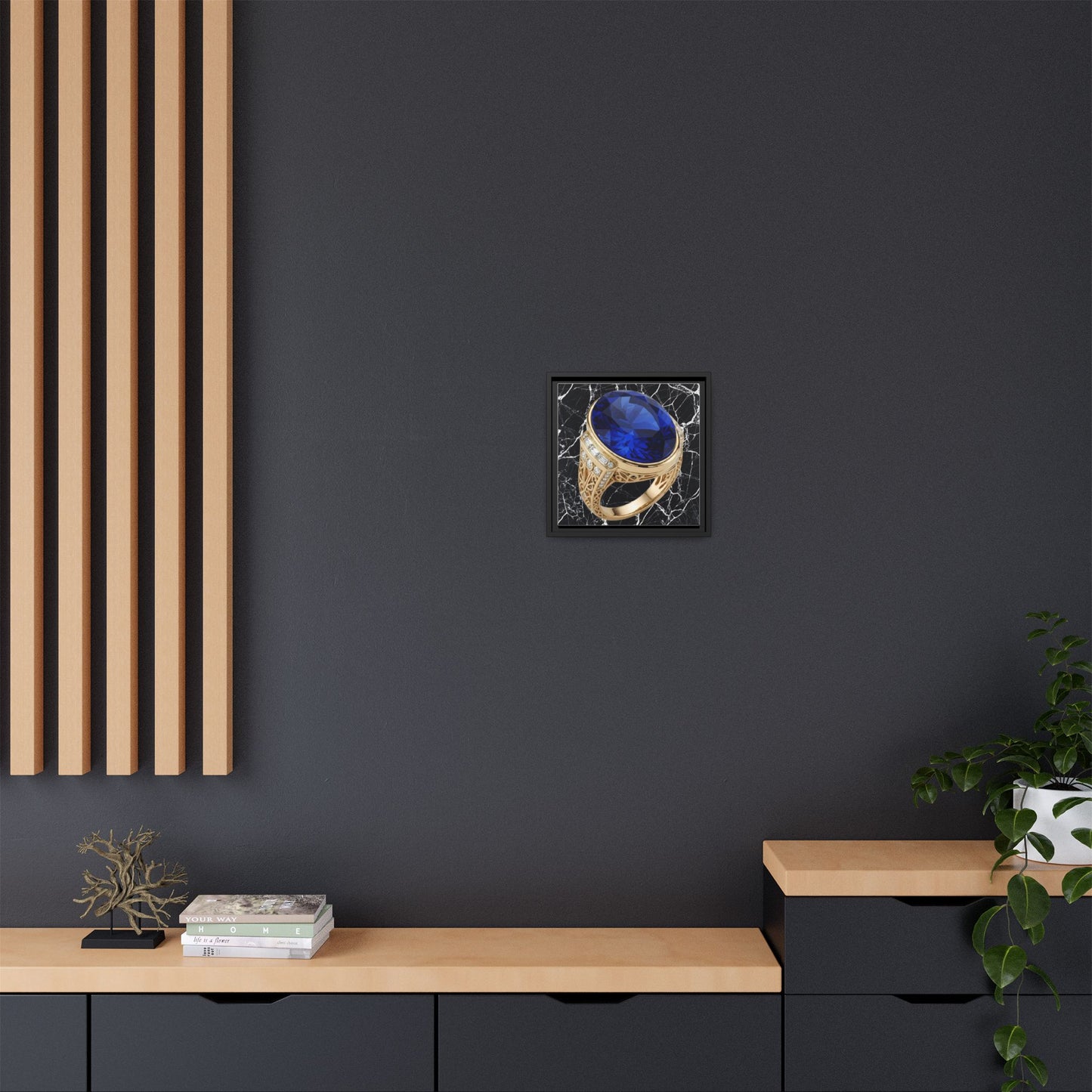 Sapphire Ring Against Veined Marble Framed Canvas
