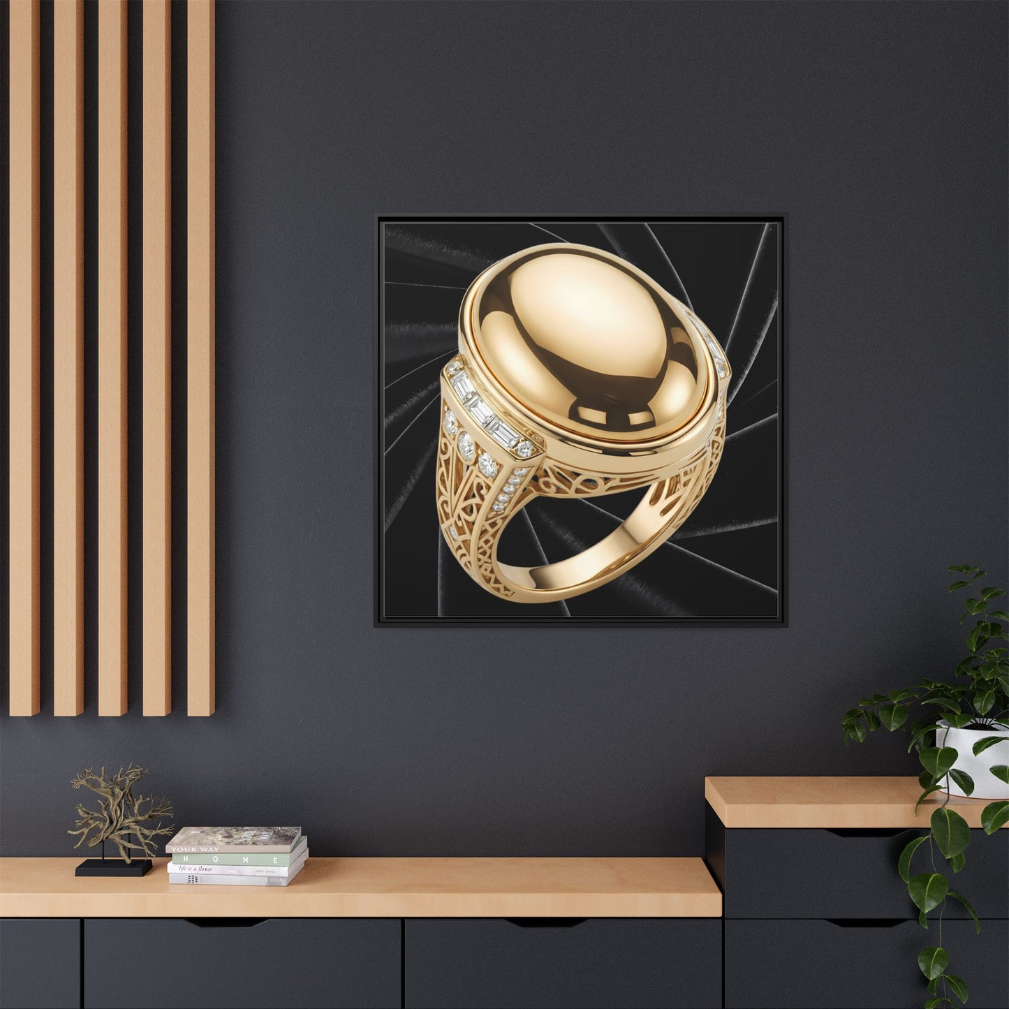 Mirror-Gold Cabochon Ring on Black Velvet Framed Canvas