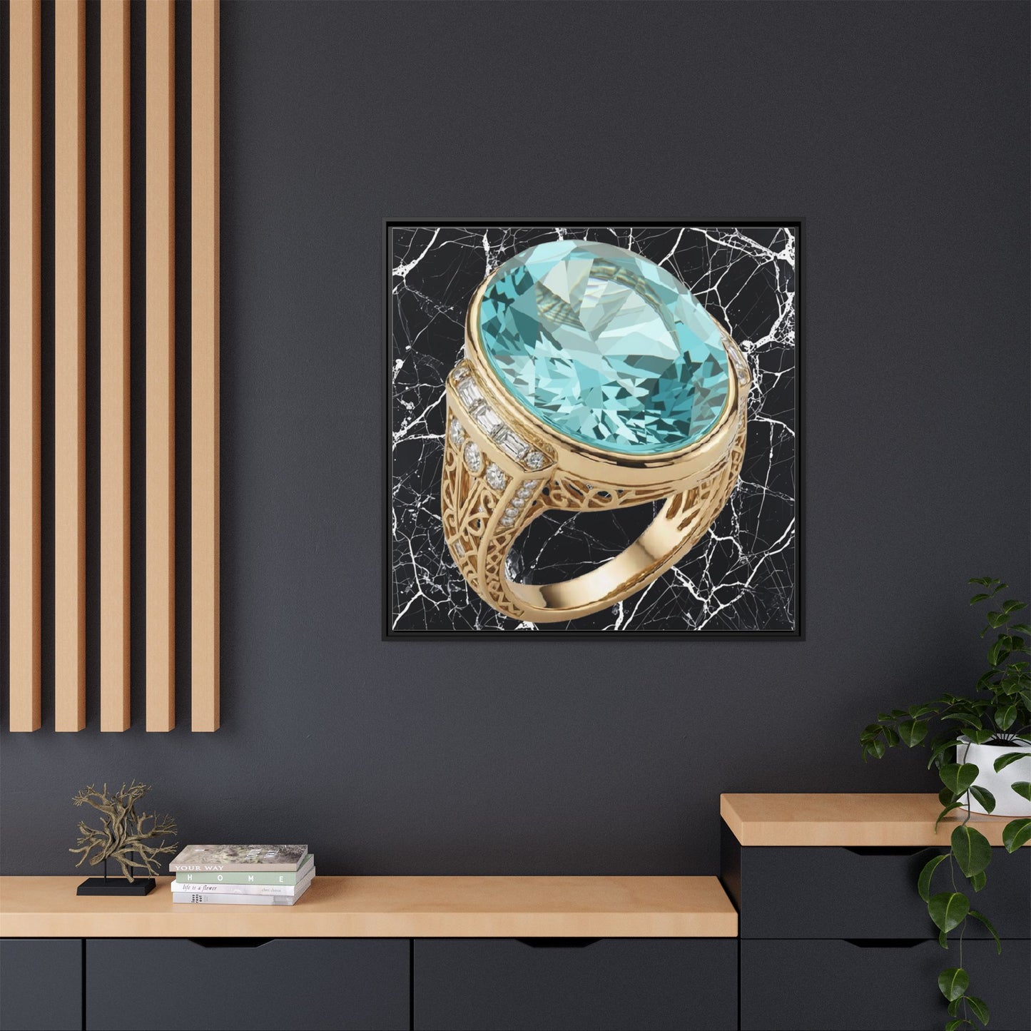 Aquamarine Ring with Marble Veins Framed Canvas